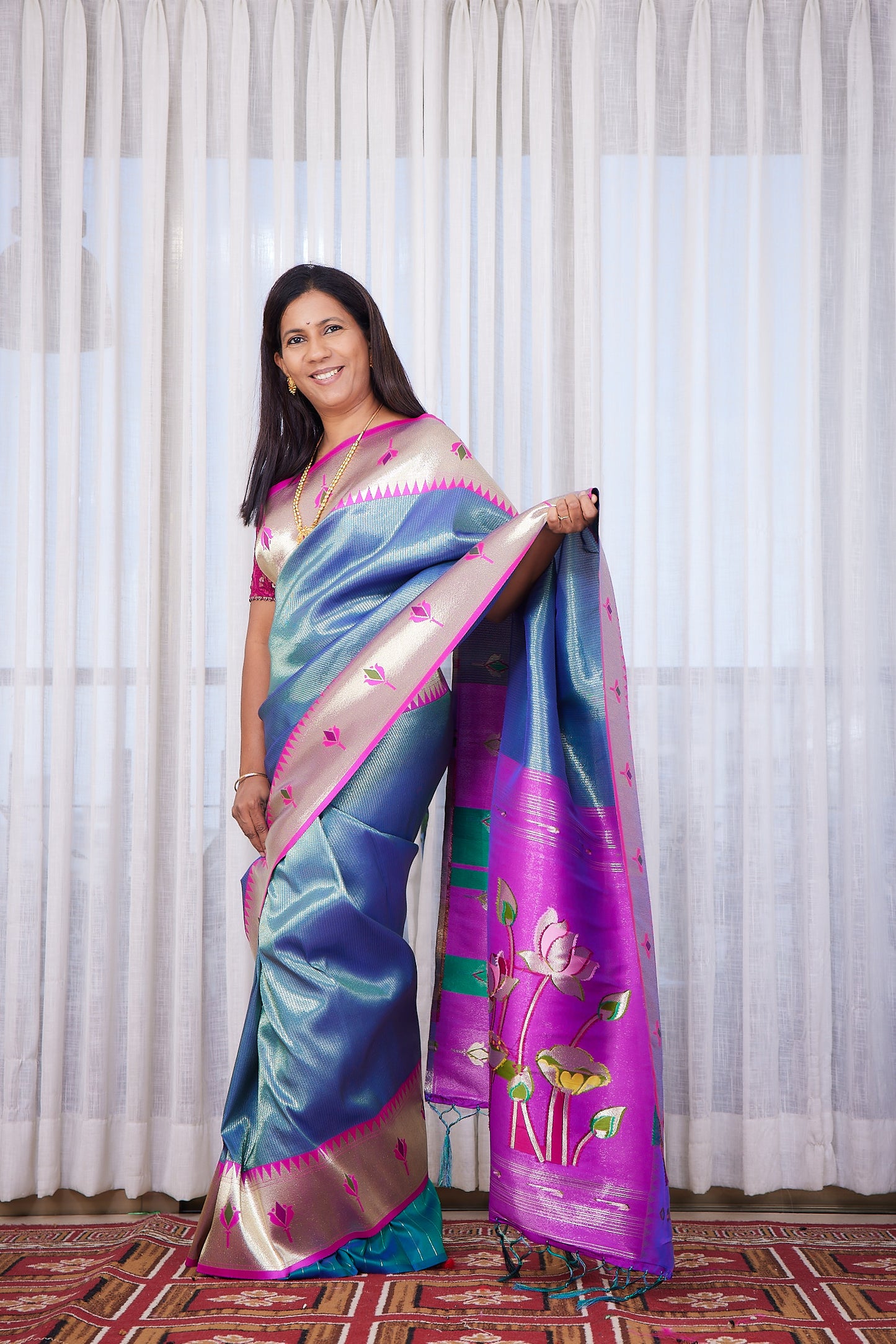 Petrol Blue Kanjivaram Silk blend Tissue Paithani Saree with unstitched blouse