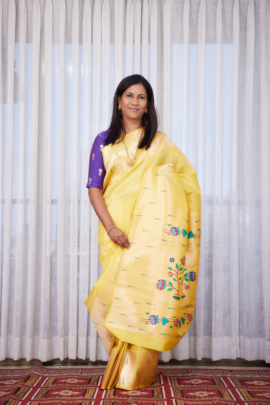 Yellow  Kanjivaram Silk blend Tissue Paithani Saree with unstitched blouse