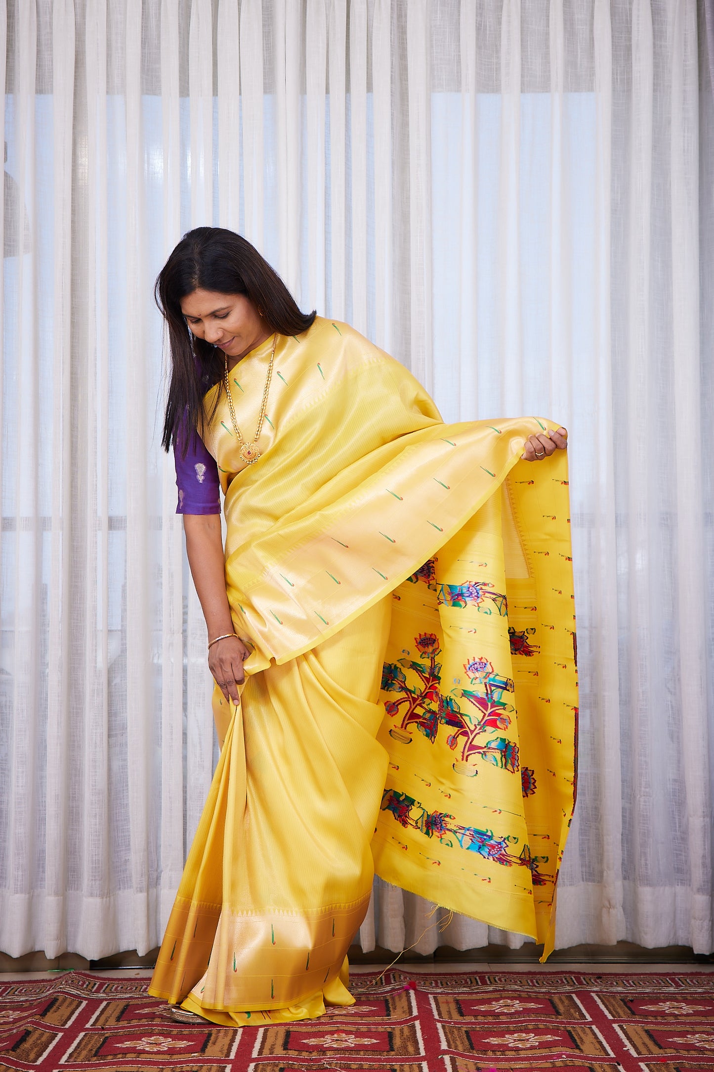 Yellow  Kanjivaram Silk blend Tissue Paithani Saree with unstitched blouse