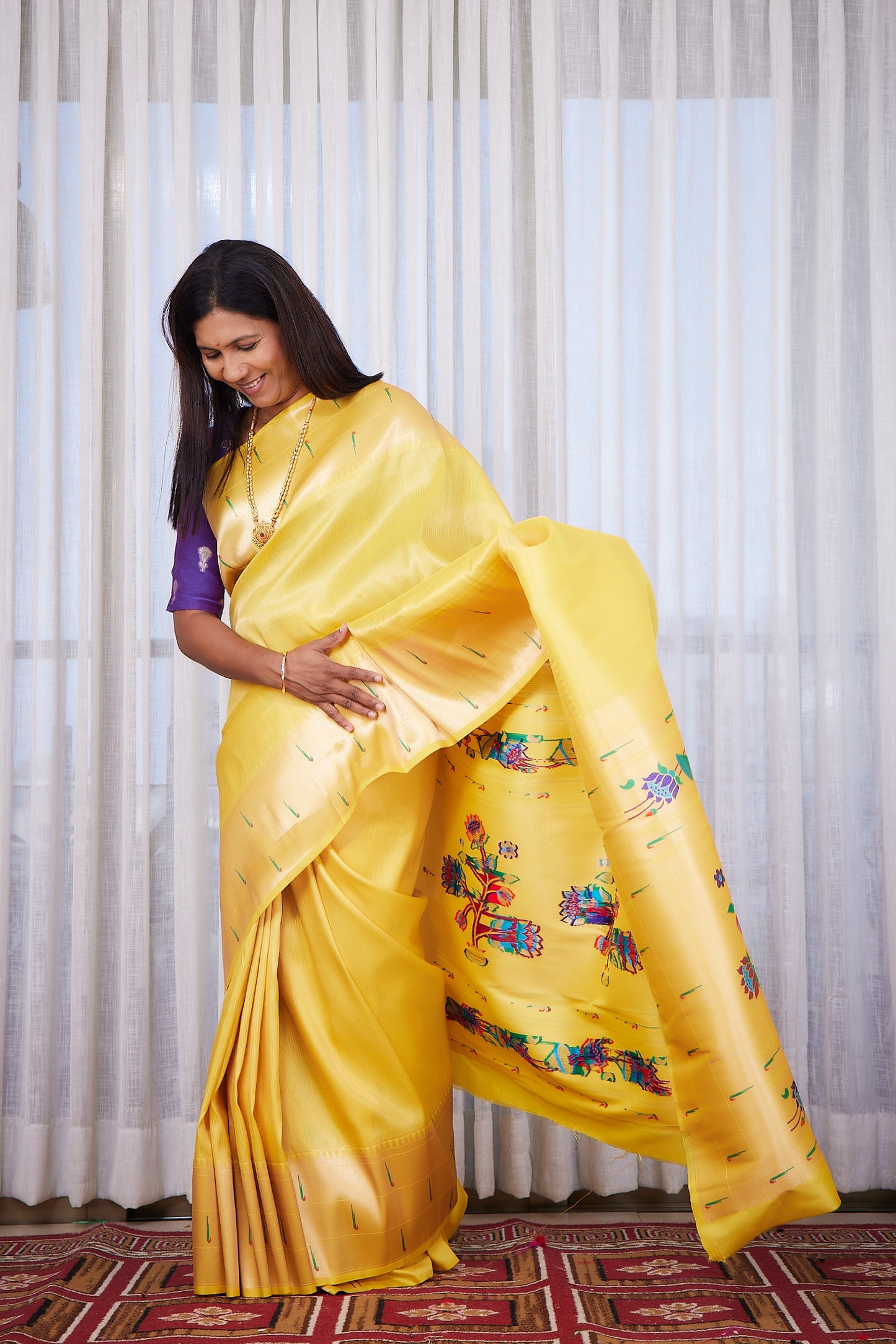 Yellow  Kanjivaram Silk blend Tissue Paithani Saree with unstitched blouse