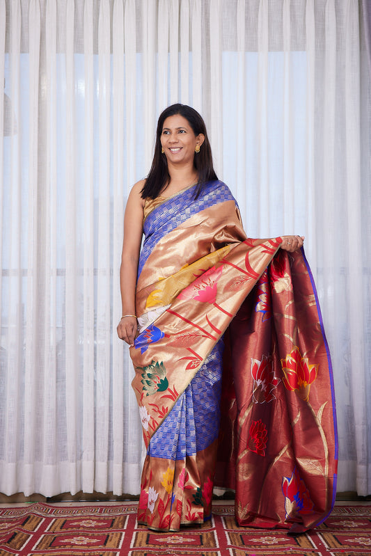 Royal Blue silk blend Paithani Saree with big motif border with unstitched blouse