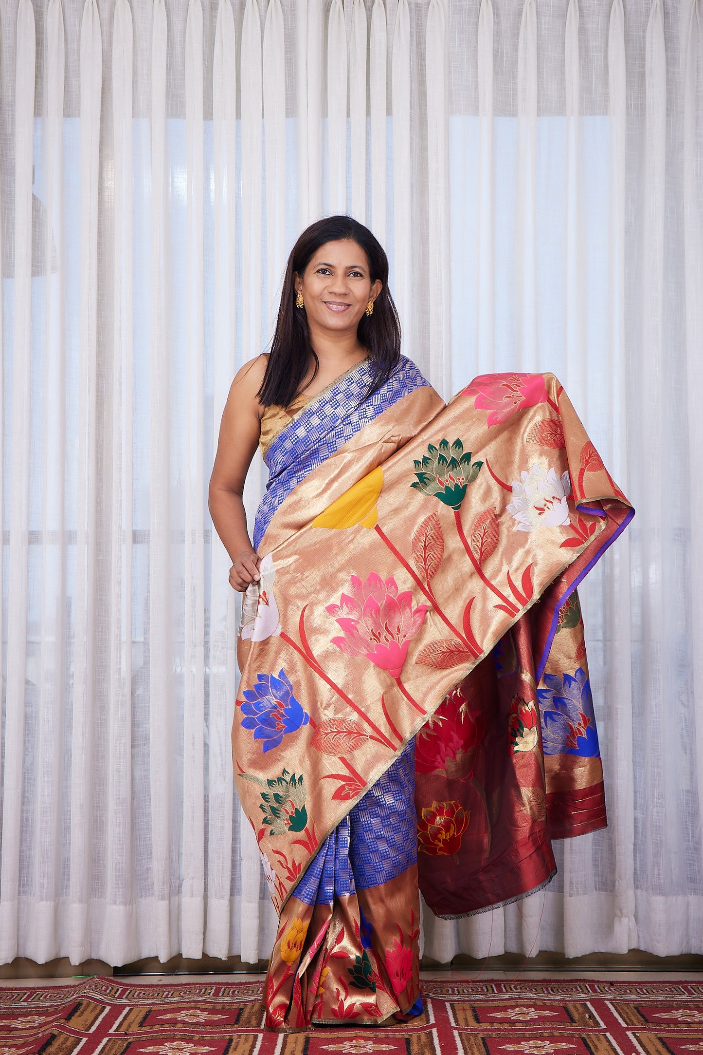 Royal Blue silk blend Paithani Saree with big motif border with unstitched blouse