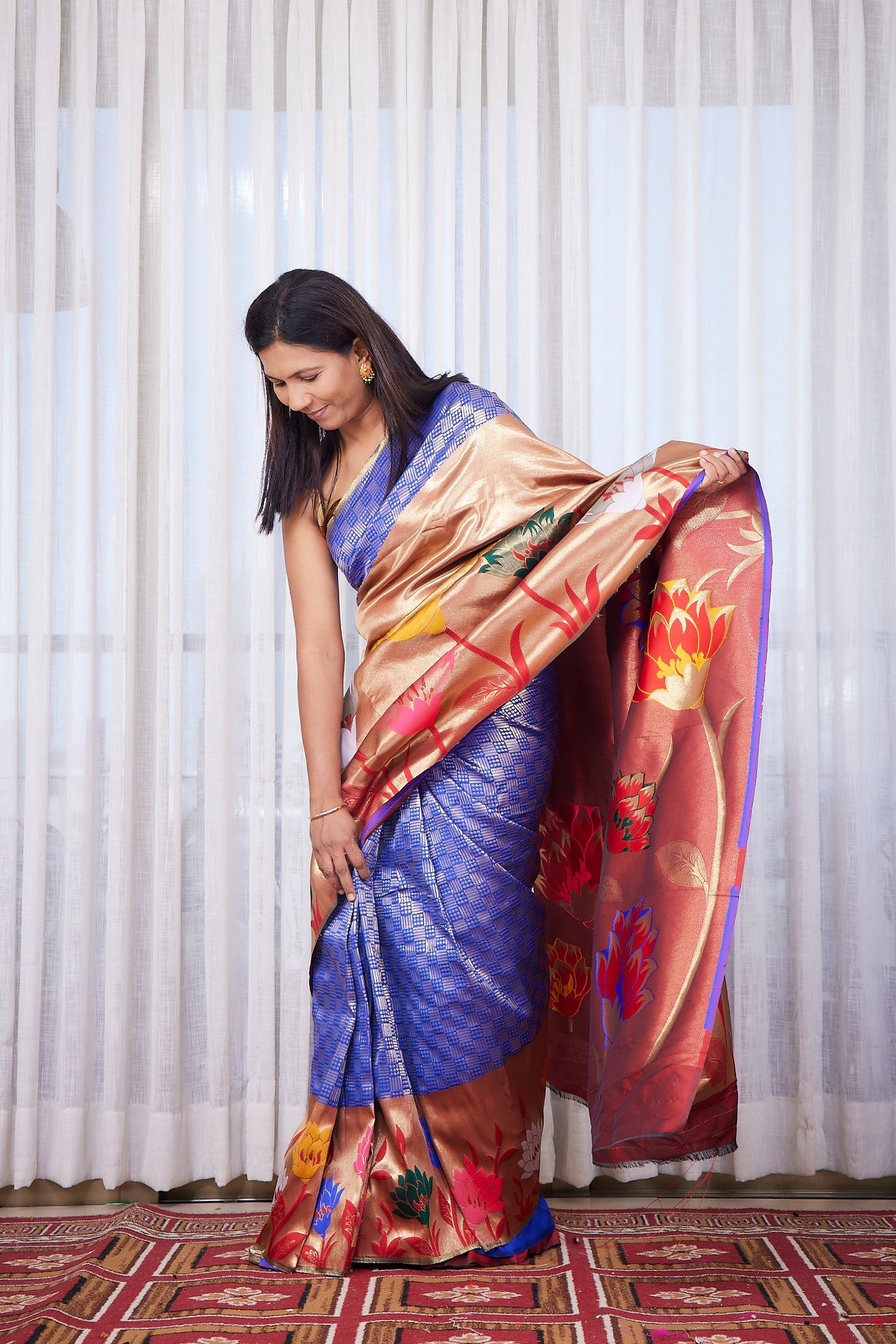 Royal Blue silk blend Paithani Saree with big motif border with unstitched blouse