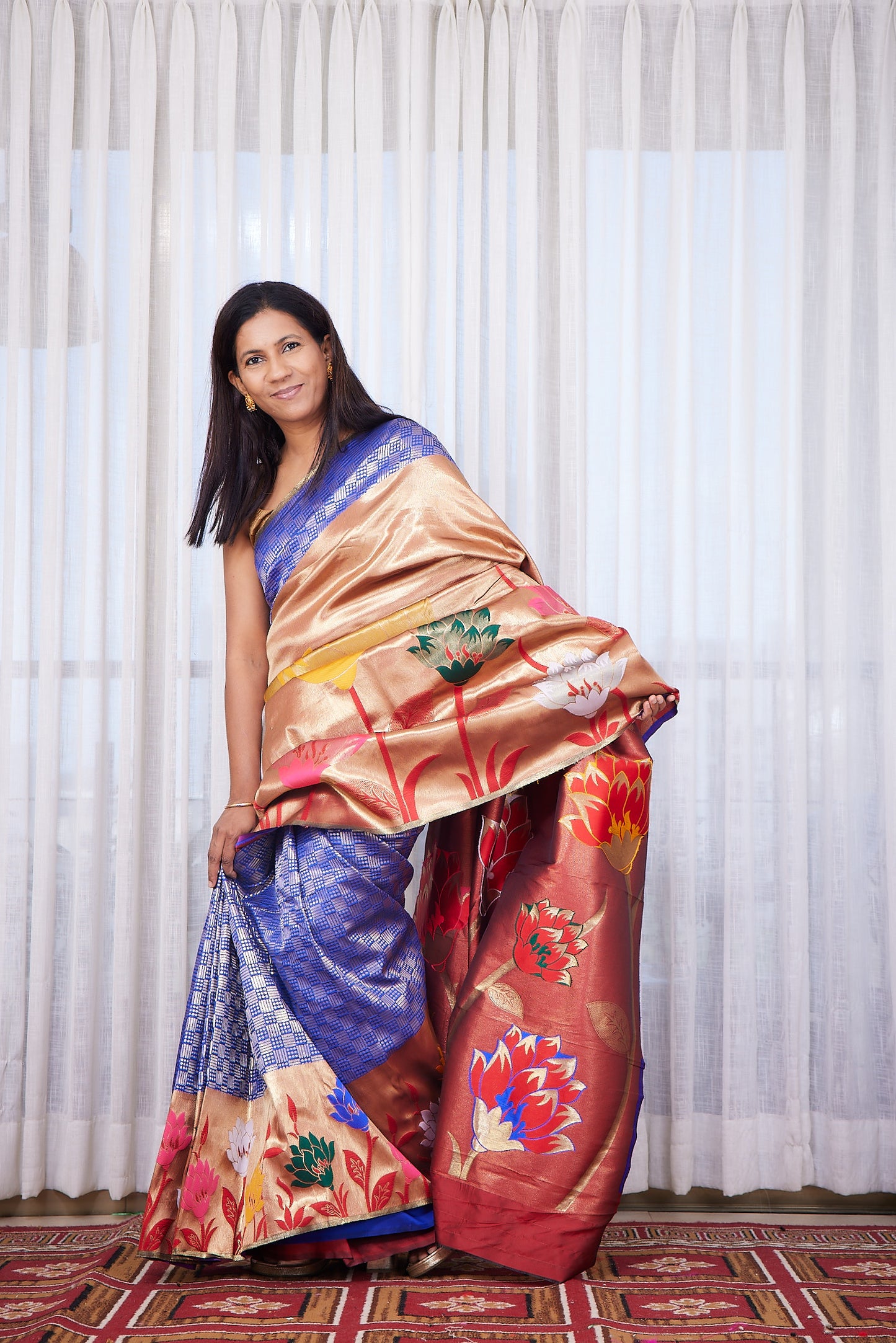 Royal Blue silk blend Paithani Saree with big motif border with unstitched blouse