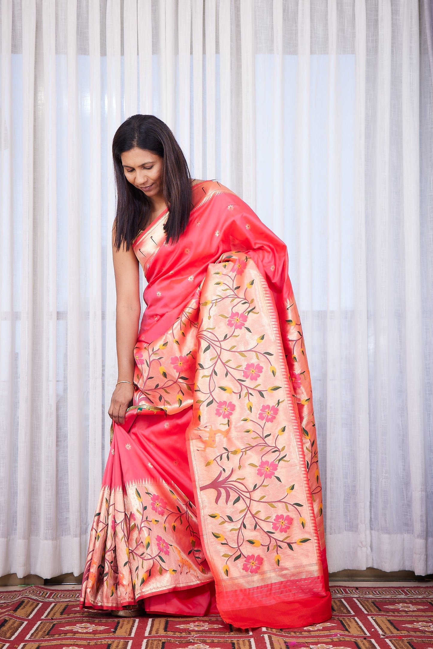 Rani Pink Semi Soft Silk Paithani Saree with skirt border and unstitched blouse