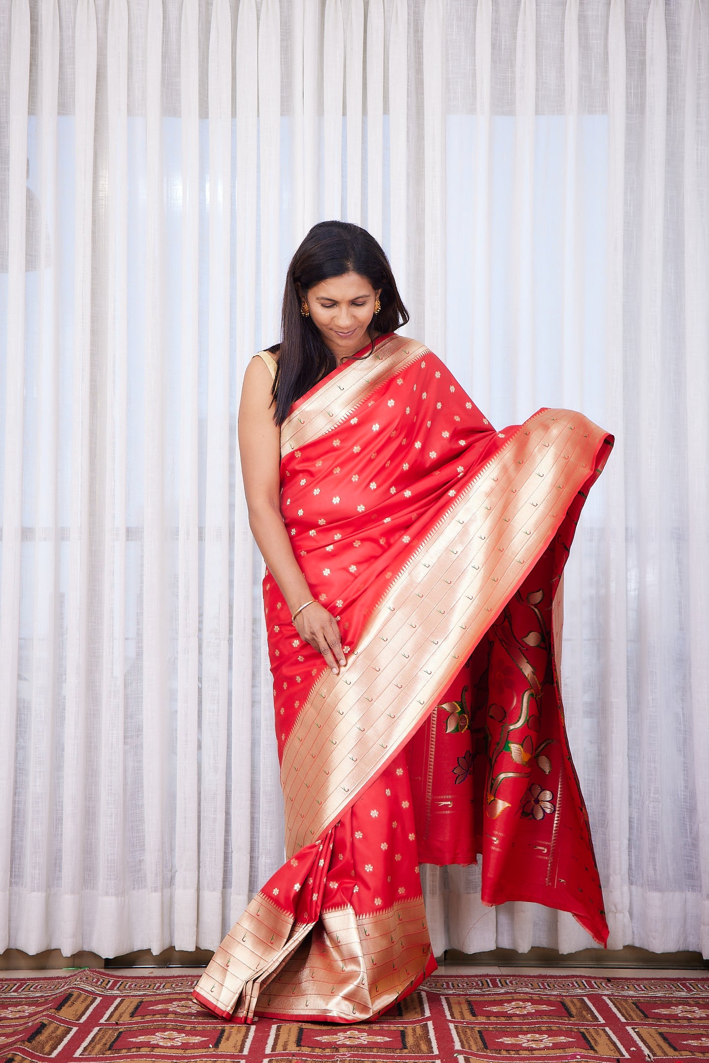Red Kanjivaram Silk blend Paithani Saree with unstitched blouse