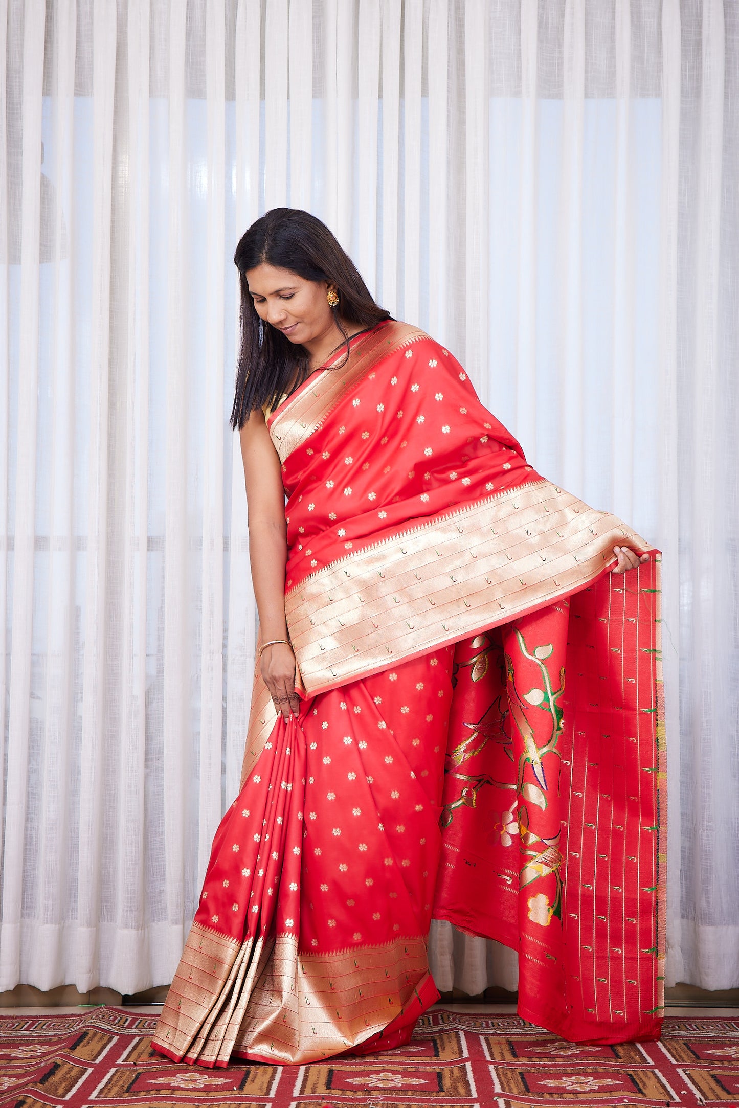 Red Kanjivaram Silk blend Paithani Saree with unstitched blouse