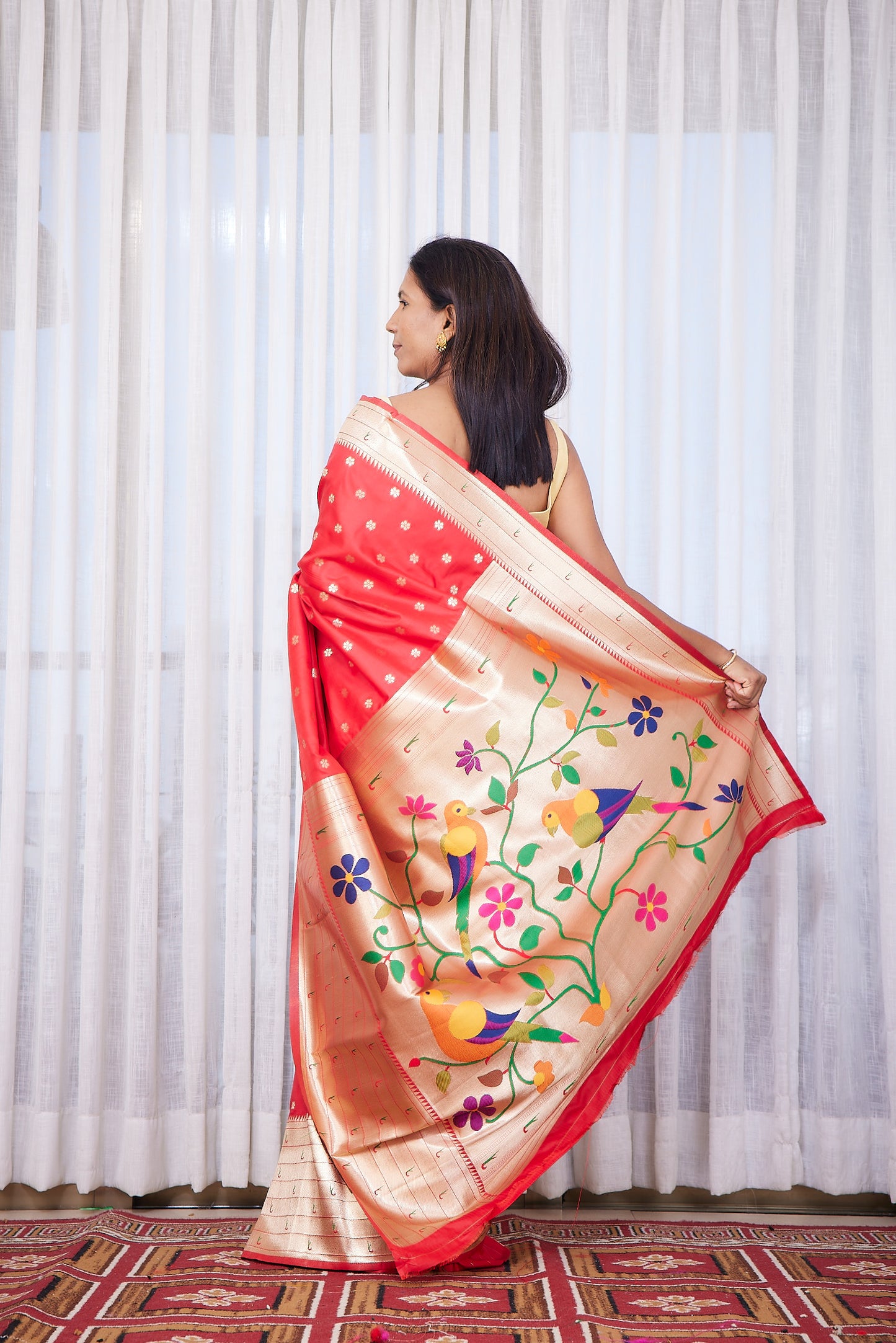 Red Kanjivaram Silk blend Paithani Saree with unstitched blouse
