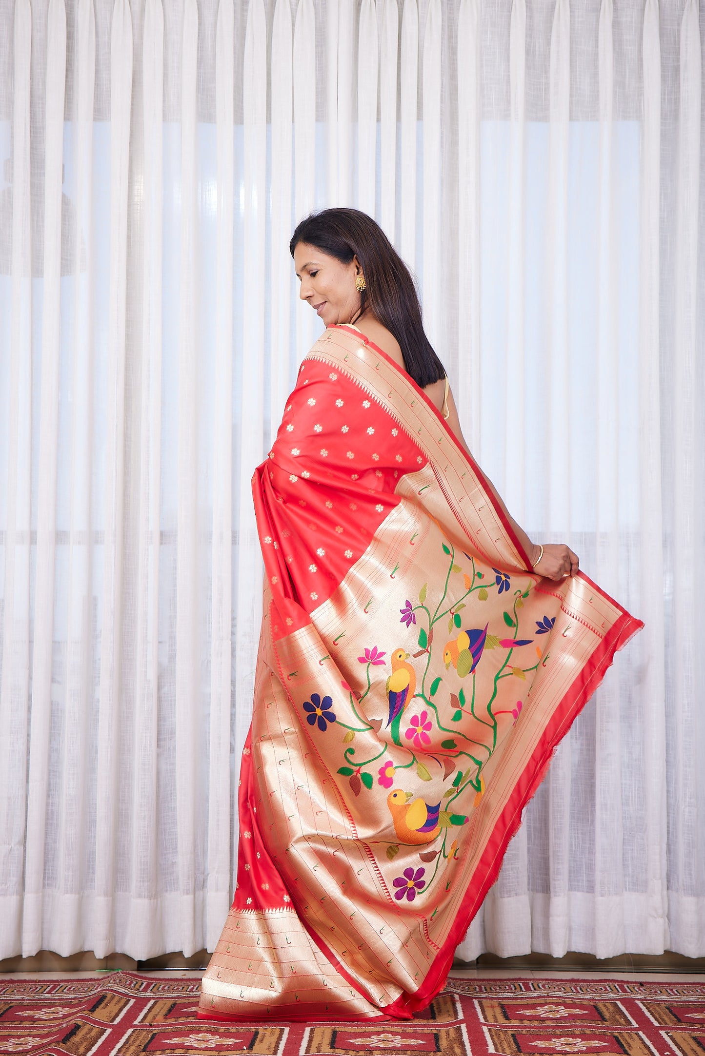 Red Kanjivaram Silk blend Paithani Saree with unstitched blouse