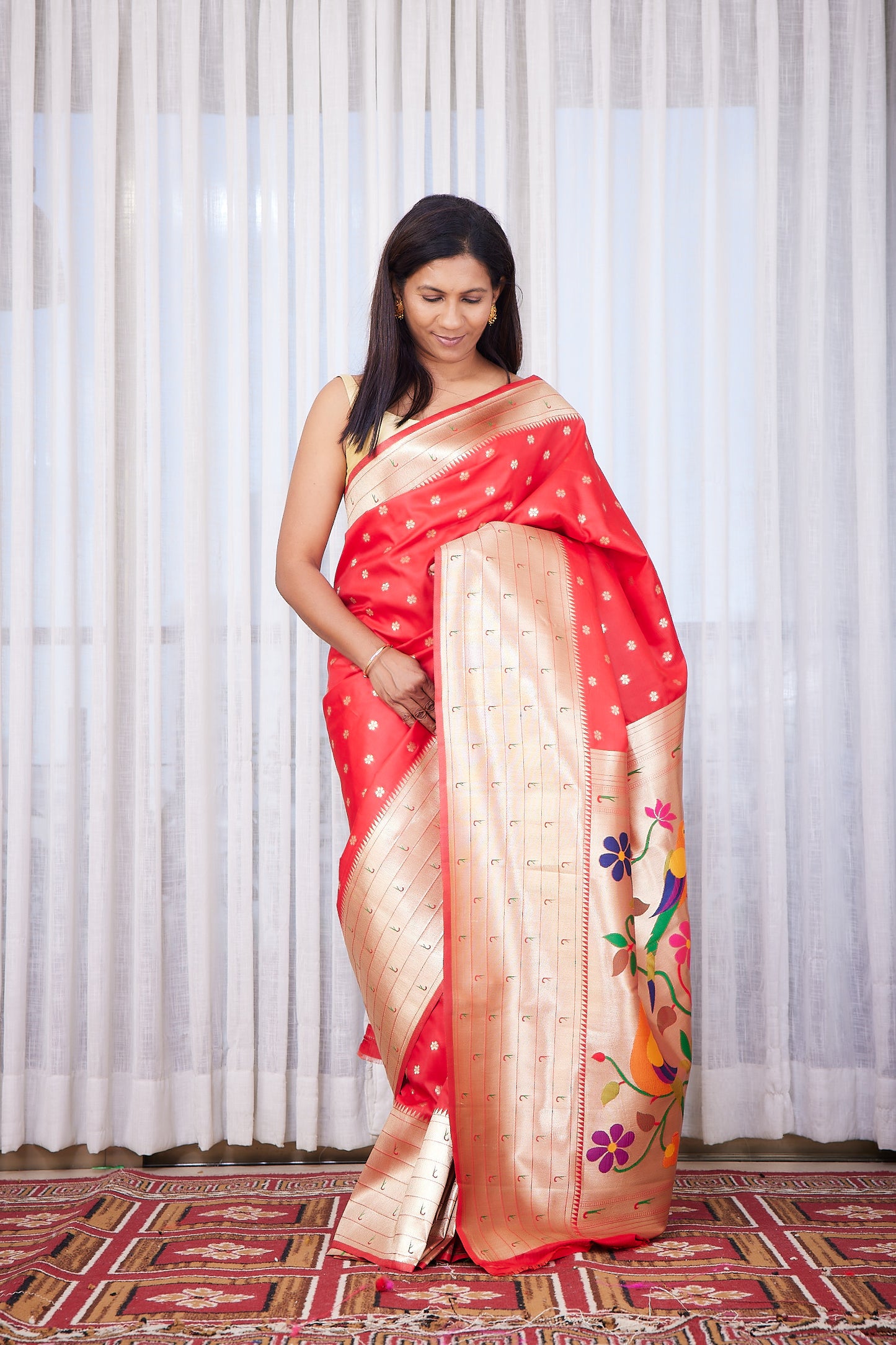 Red Kanjivaram Silk blend Paithani Saree with unstitched blouse