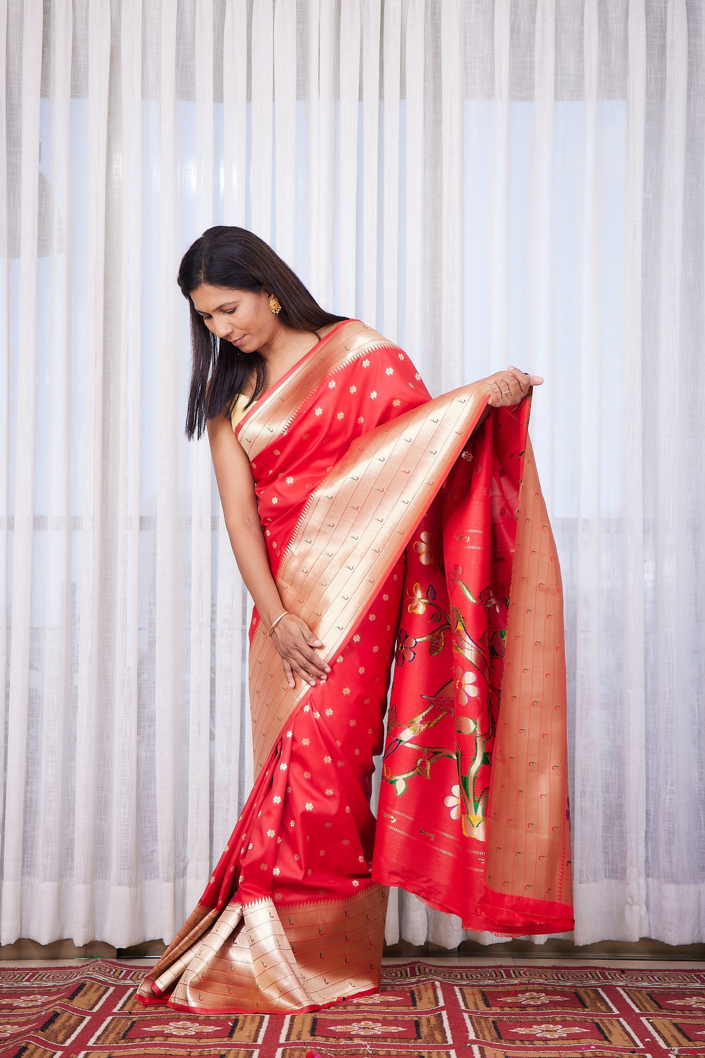 Red Kanjivaram Silk blend Paithani Saree with unstitched blouse
