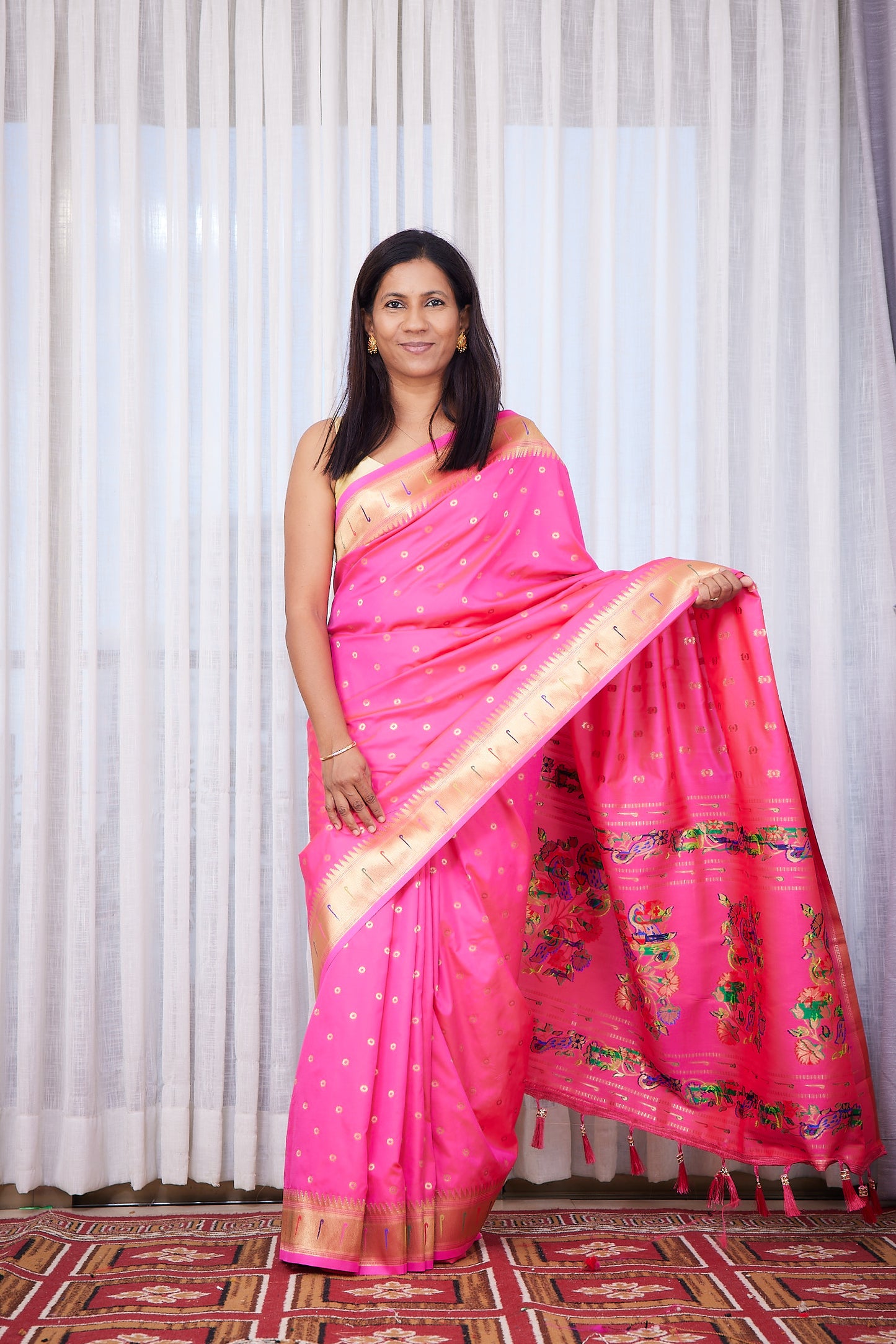 Rani Pink Kanjivaram Silk blend Paithani Saree with unstitched blouse