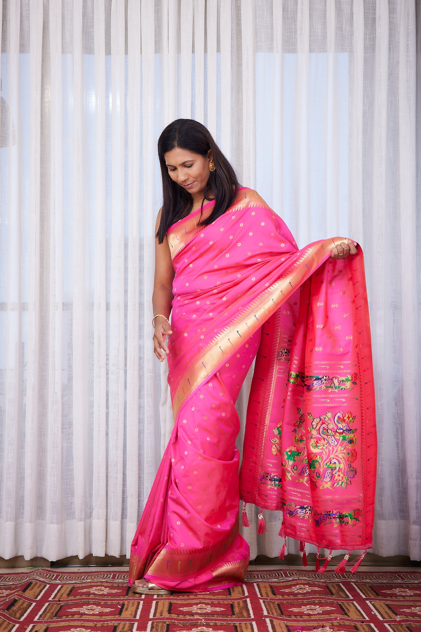 Rani Pink Kanjivaram Silk blend Paithani Saree with unstitched blouse