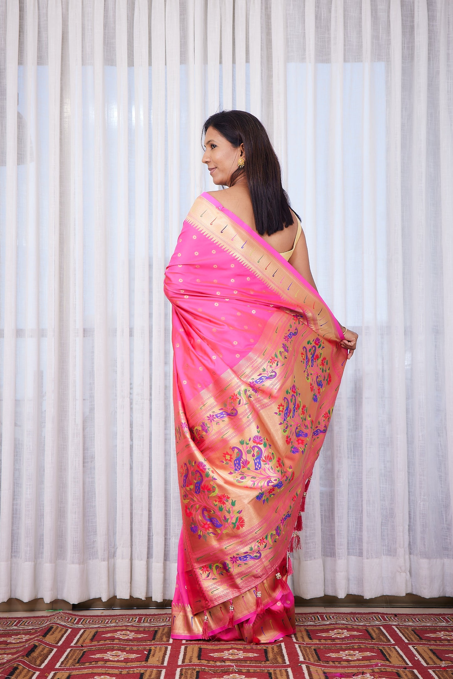 Rani Pink Kanjivaram Silk blend Paithani Saree with unstitched blouse