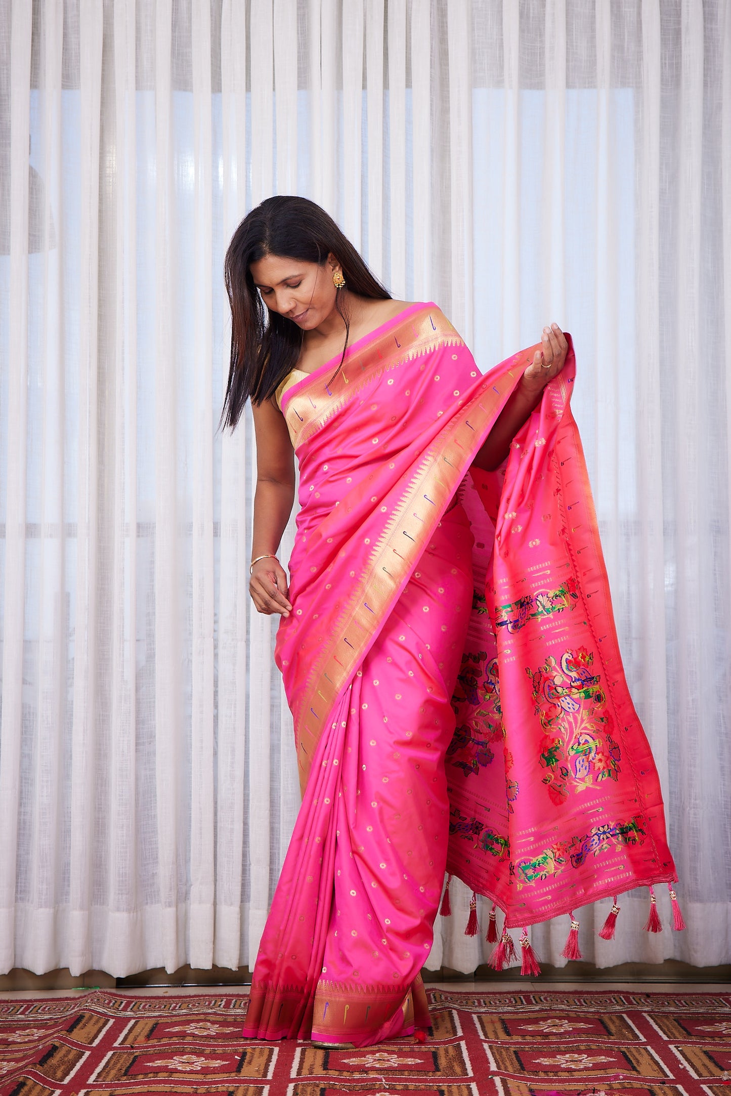 Rani Pink Kanjivaram Silk blend Paithani Saree with unstitched blouse