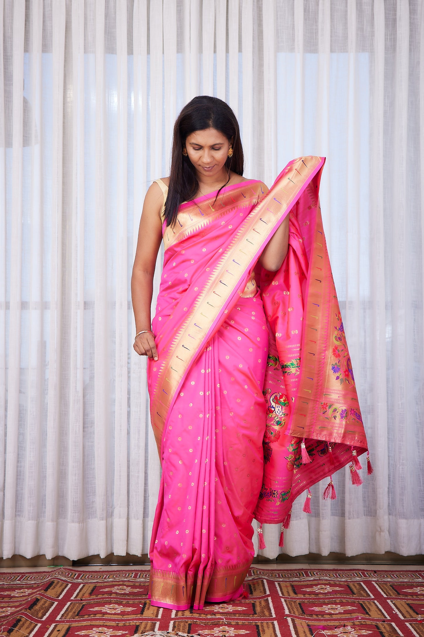 Rani Pink Kanjivaram Silk blend Paithani Saree with unstitched blouse
