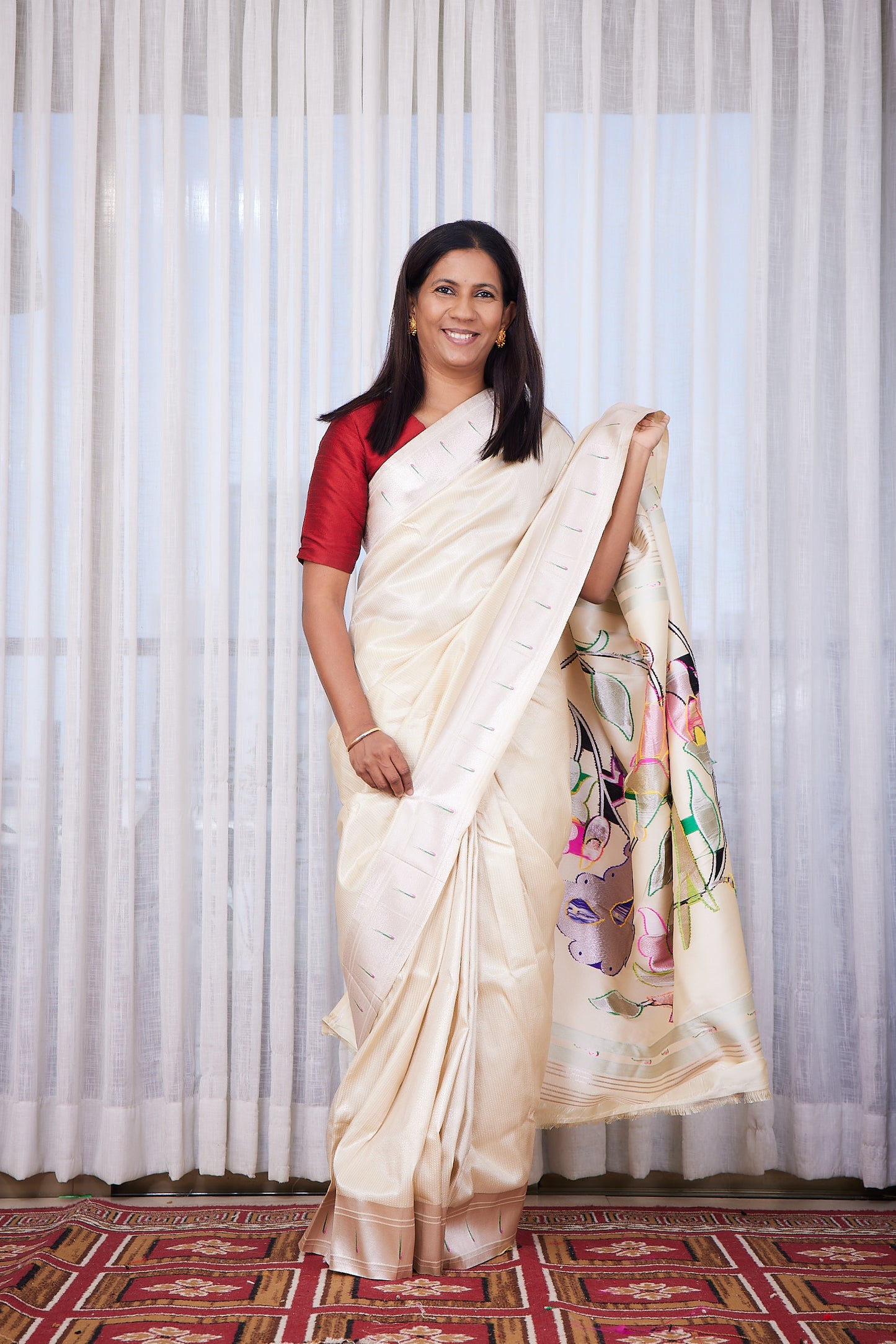 Off White Silk blend Paithani Saree with unstitched blouse