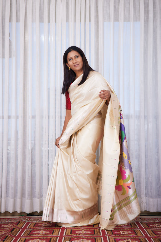 Off White Silk blend Paithani Saree with unstitched blouse