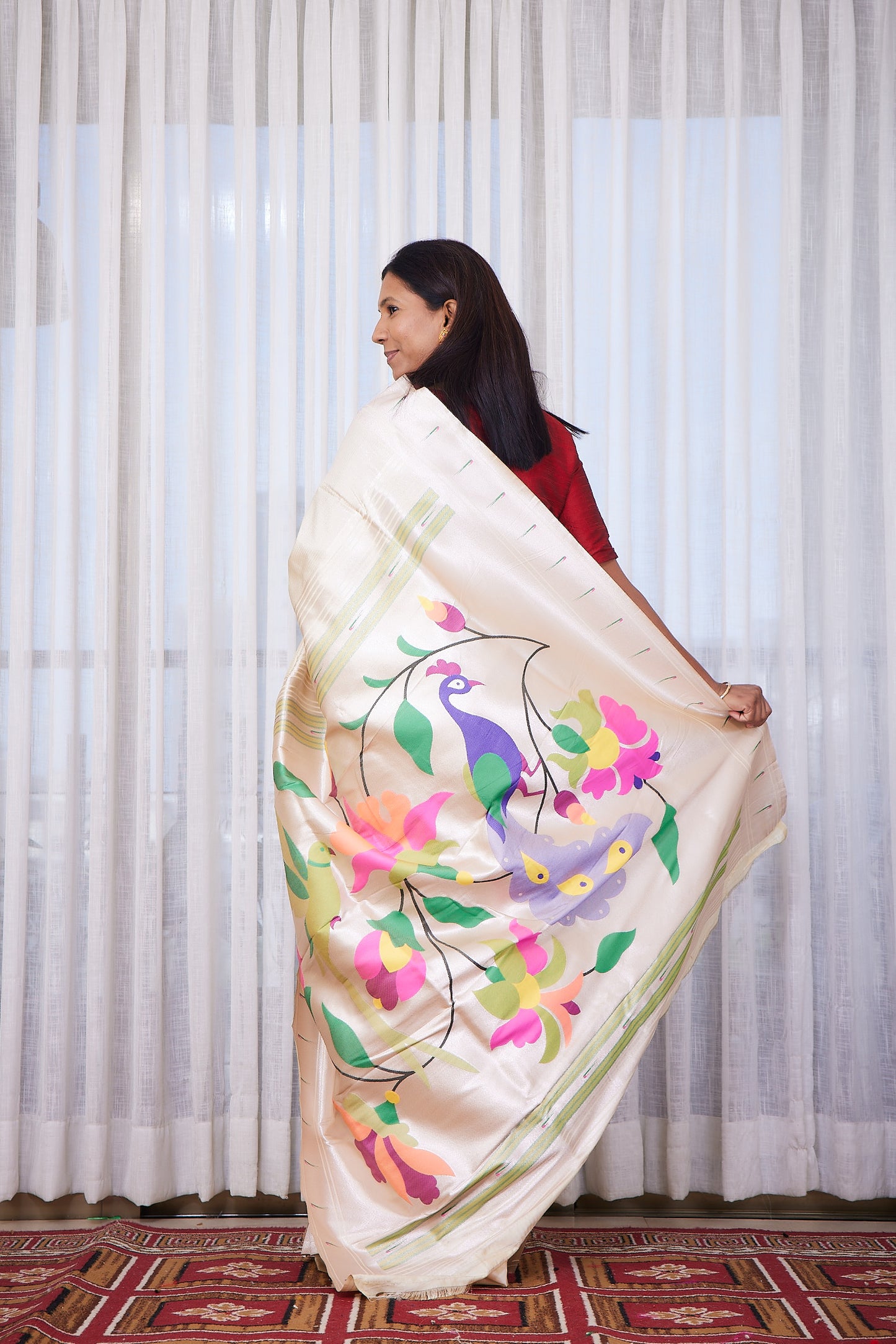 Off White Silk blend Paithani Saree with unstitched blouse