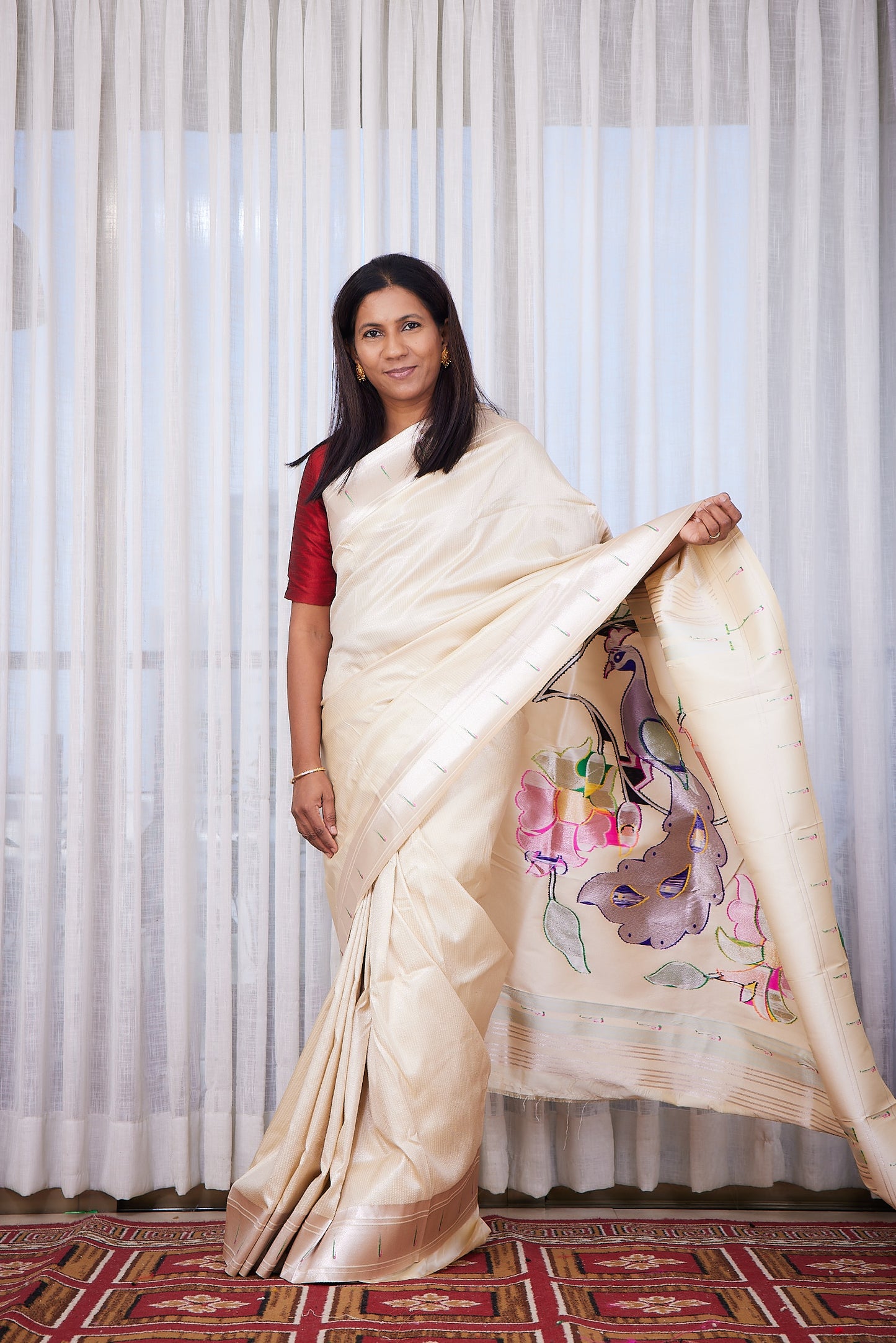 Off White Silk blend Paithani Saree with unstitched blouse