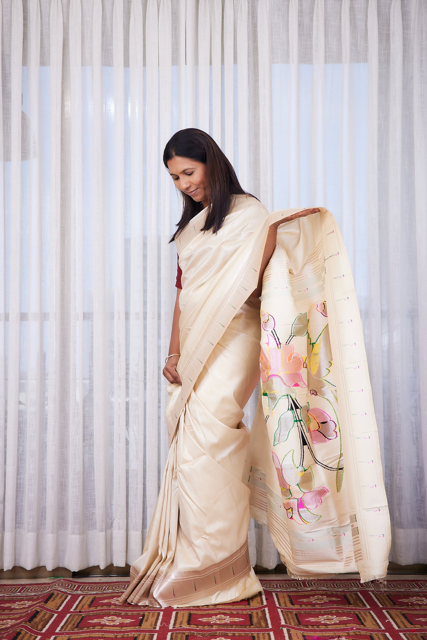 Off White Silk blend Paithani Saree with unstitched blouse