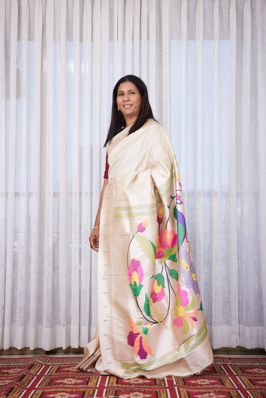Ivory Stripped Tissue Silk Paithani