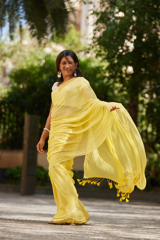 Lemon Yellow  Mulmul cotton Sequin Saree with Tassels