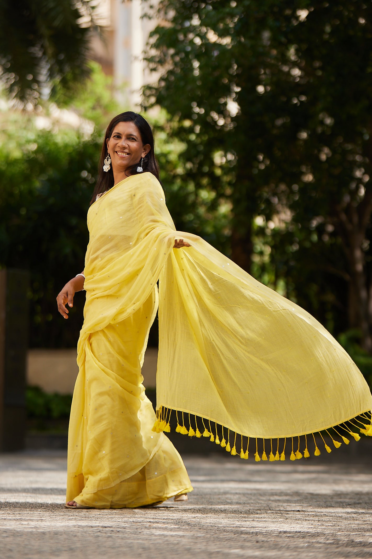Lemon Yellow  Mulmul cotton Sequin Saree with Tassels