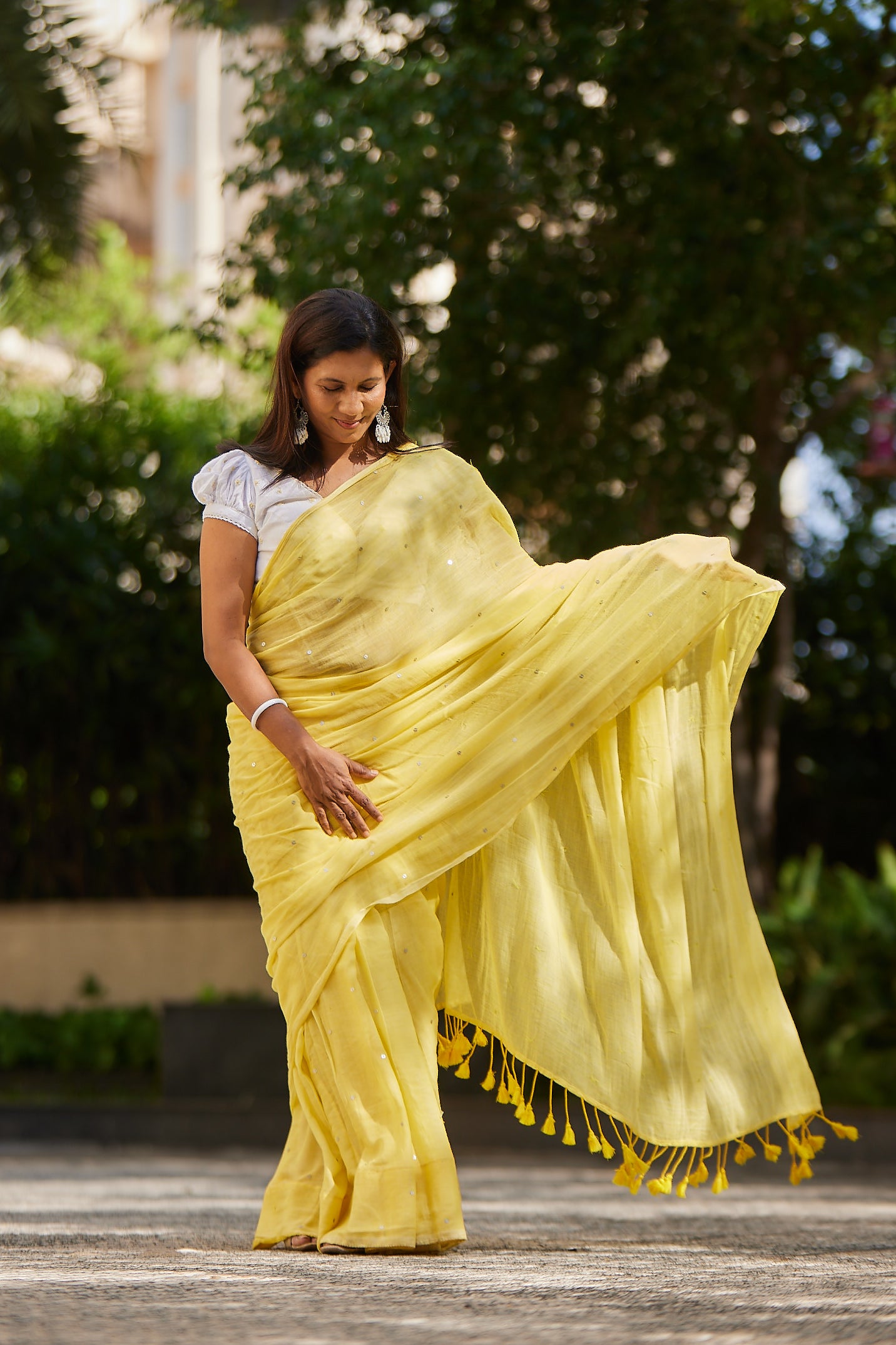Lemon Yellow  Mulmul cotton Sequin Saree with Tassels