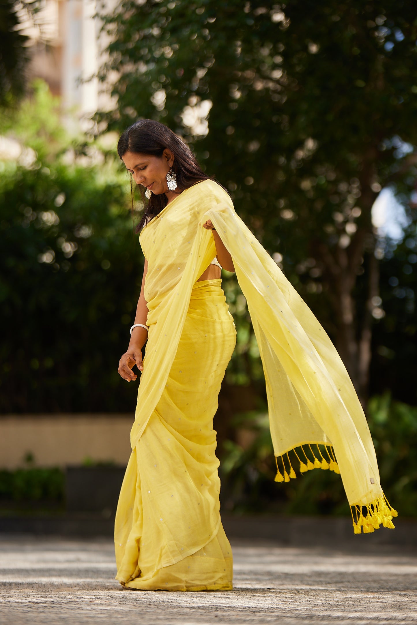 Lemon Yellow  Mulmul cotton Sequin Saree with Tassels