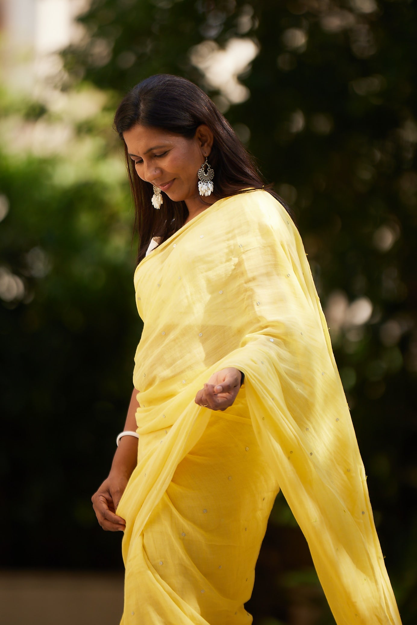 Lemon Yellow  Mulmul cotton Sequin Saree with Tassels