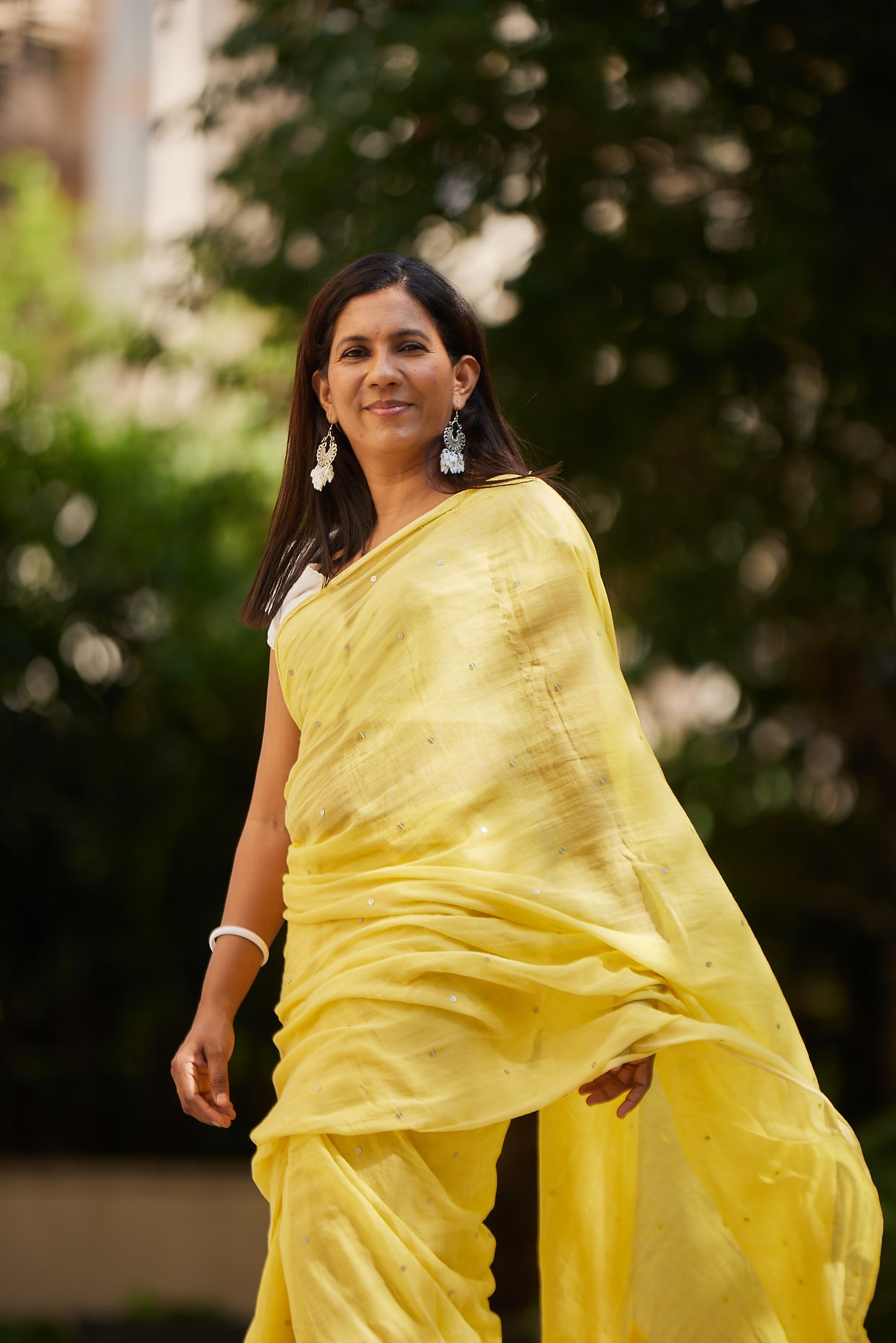Lemon Yellow  Mulmul cotton Sequin Saree with Tassels