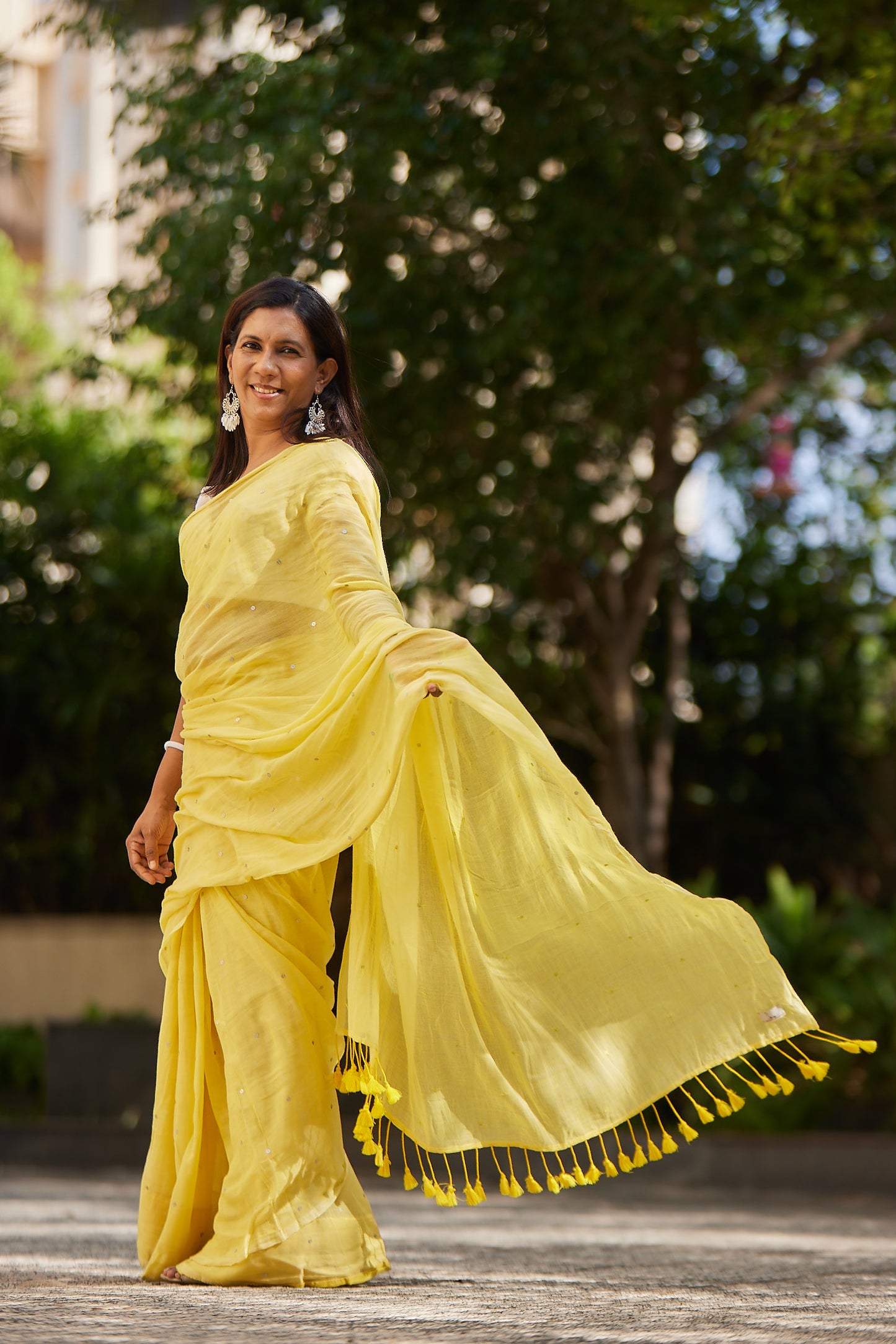 Lemon Yellow  Mulmul cotton Sequin Saree with Tassels