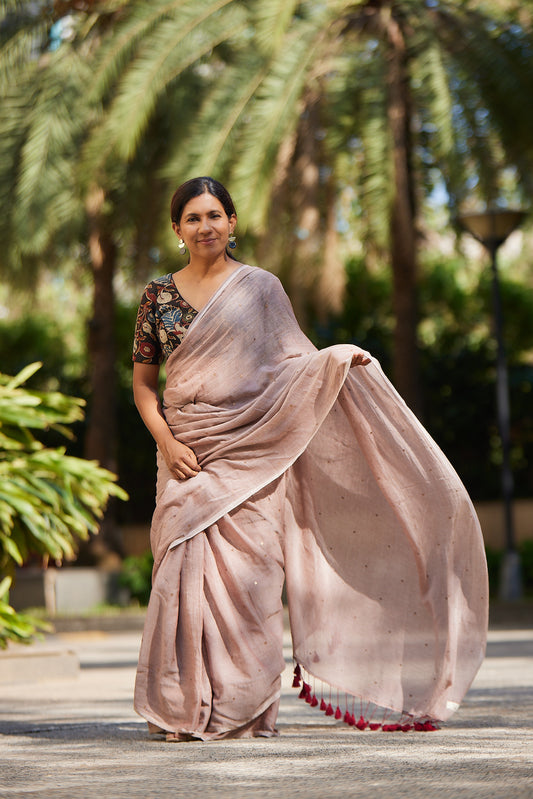 Brown Mulmul cotton Sequin Saree with Tassels
