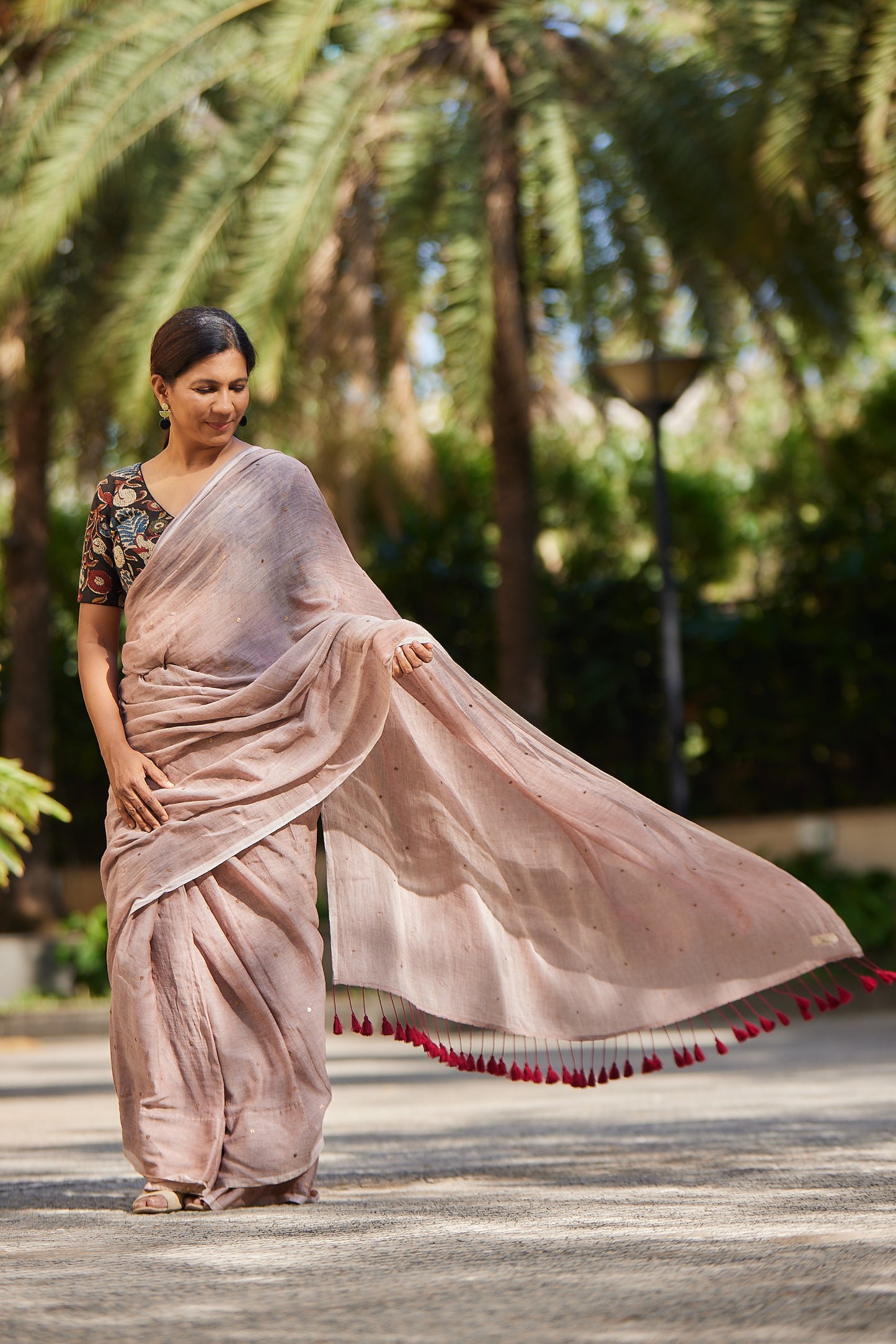 Brown Mulmul cotton Sequin Saree with Tassels