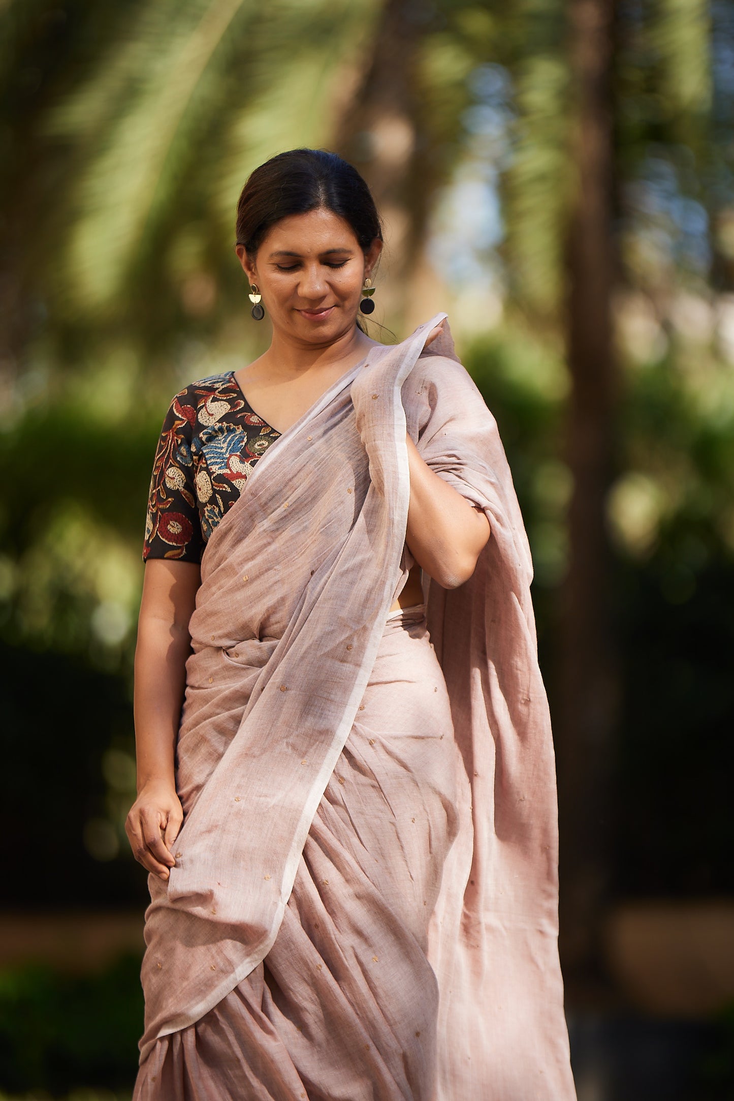 Brown Mulmul cotton Sequin Saree with Tassels