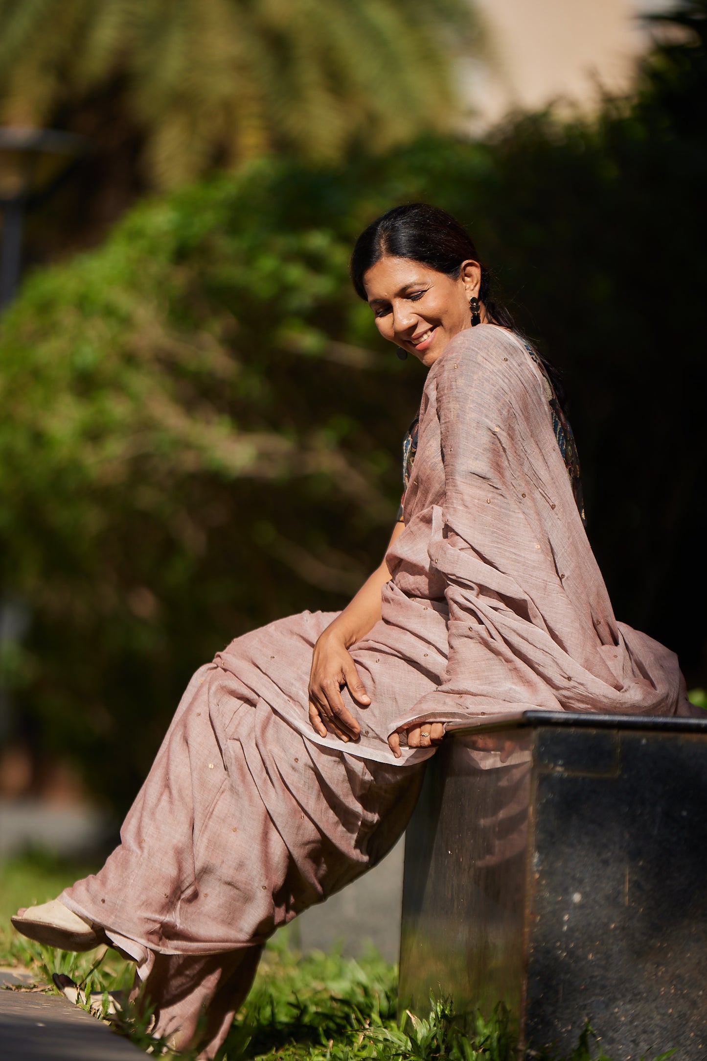 Brown Mulmul cotton Sequin Saree with Tassels