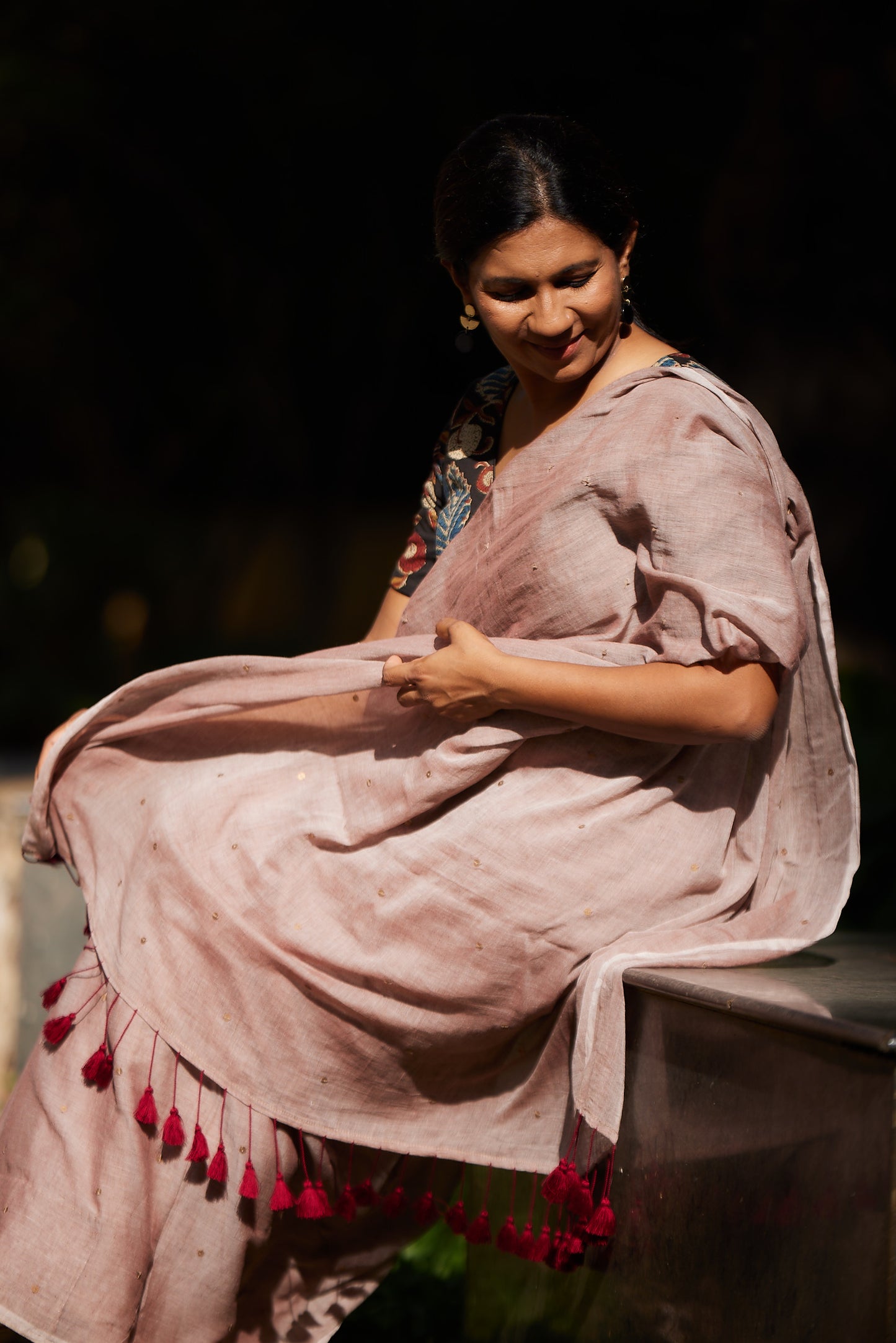 Brown Mulmul cotton Sequin Saree with Tassels