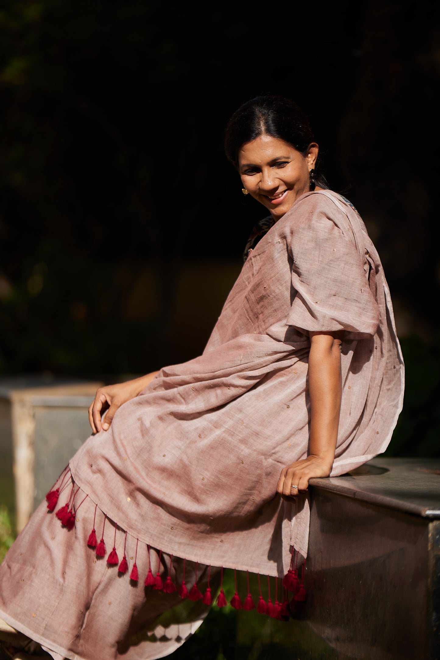 Brown Mulmul cotton Sequin Saree with Tassels