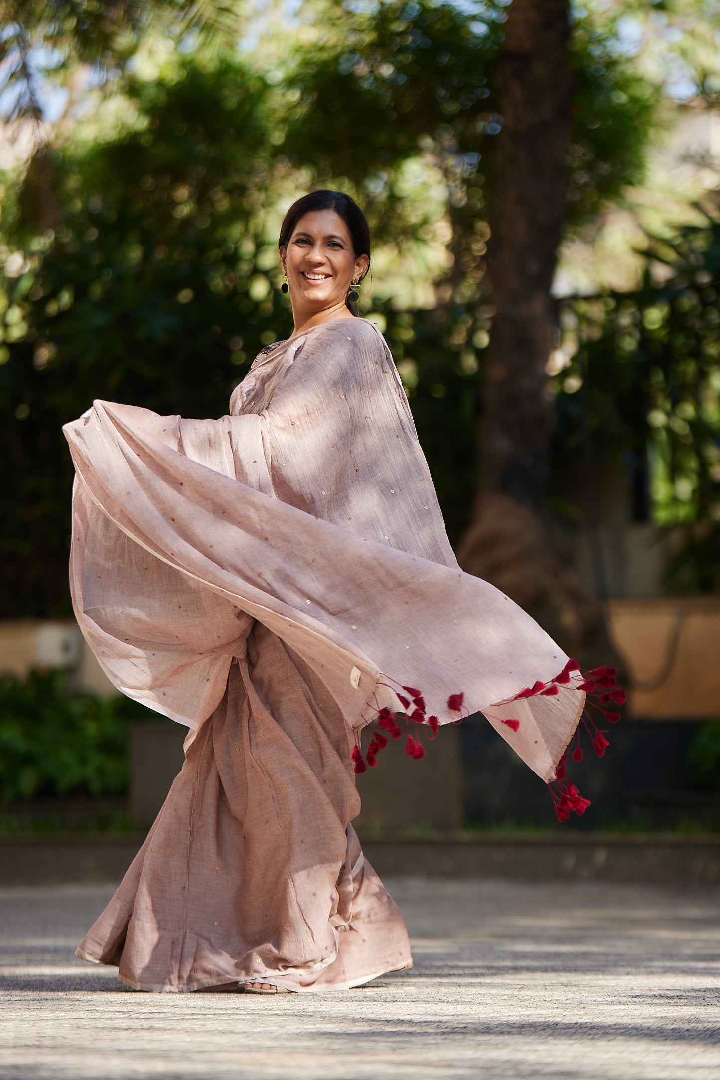 Brown Mulmul cotton Sequin Saree with Tassels