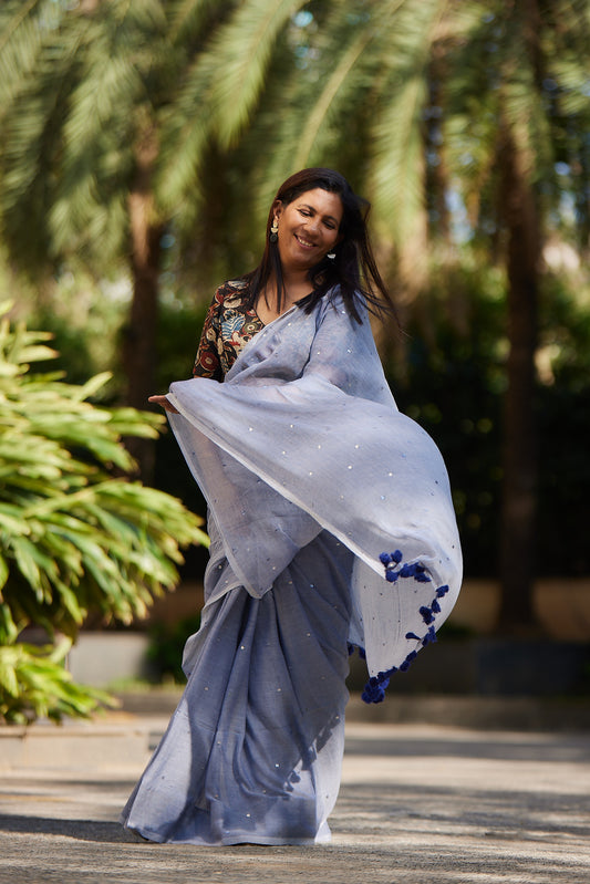 Deep Blue Mulmul cotton Sequin Saree with Tassels