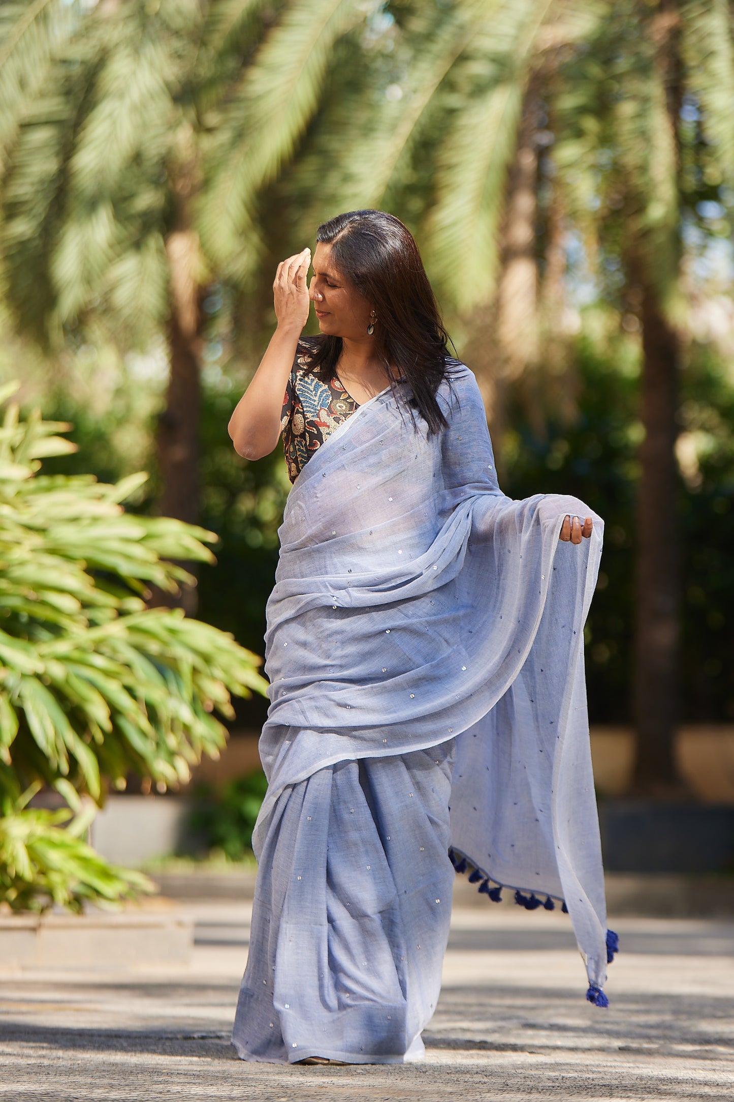 Deep Blue Mulmul cotton Sequin Saree with Tassels