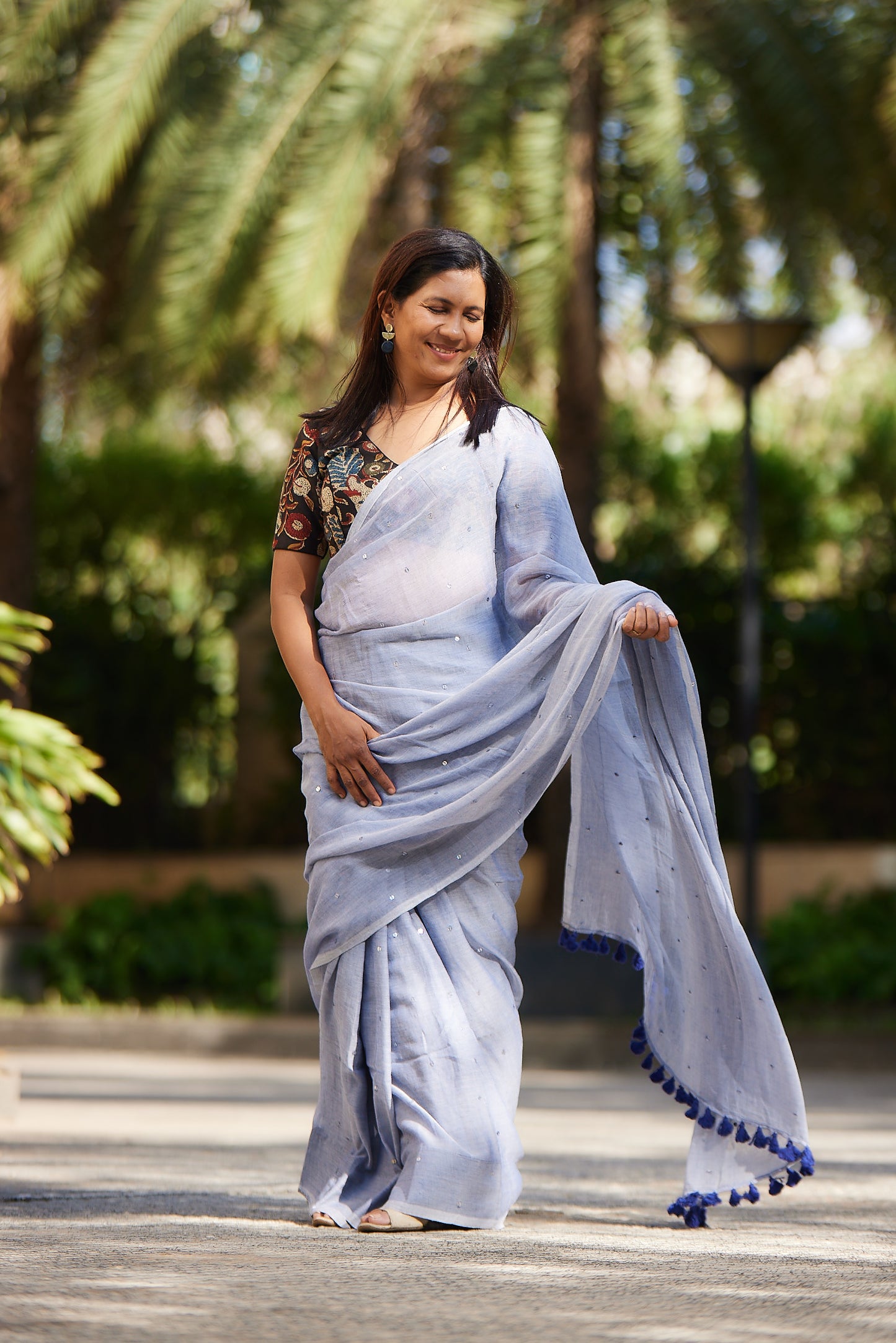 Deep Blue Mulmul cotton Sequin Saree with Tassels