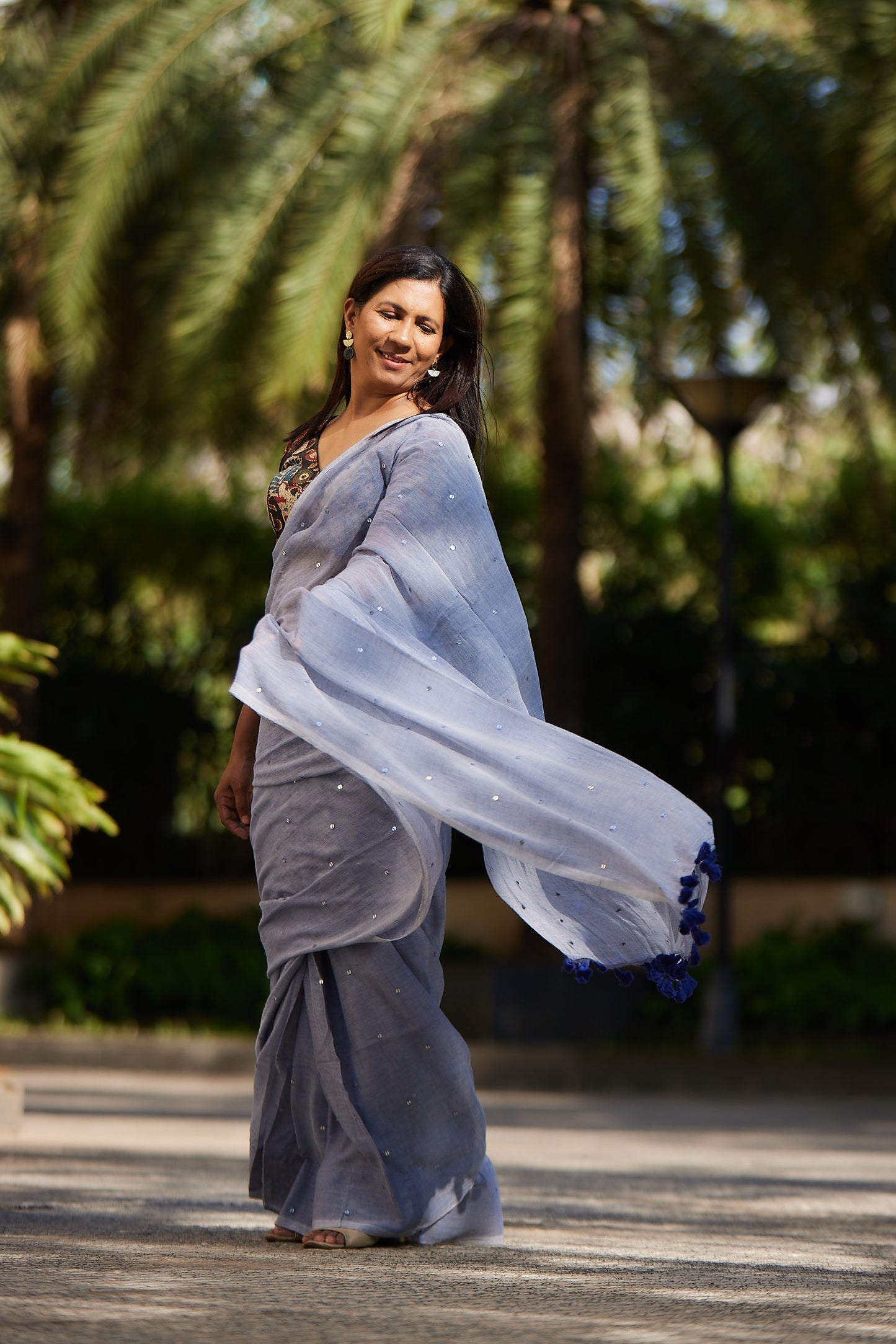 Deep Blue Mulmul cotton Sequin Saree with Tassels