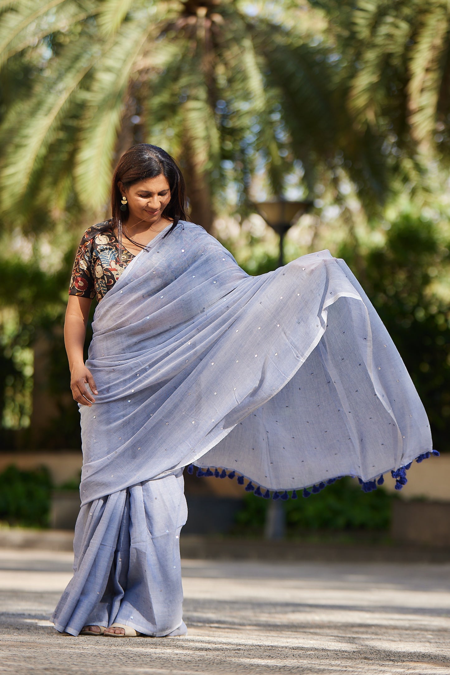 Deep Blue Mulmul cotton Sequin Saree with Tassels