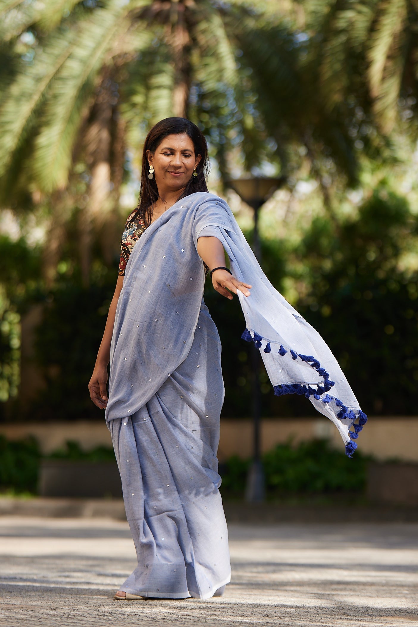 Deep Blue Mulmul cotton Sequin Saree with Tassels