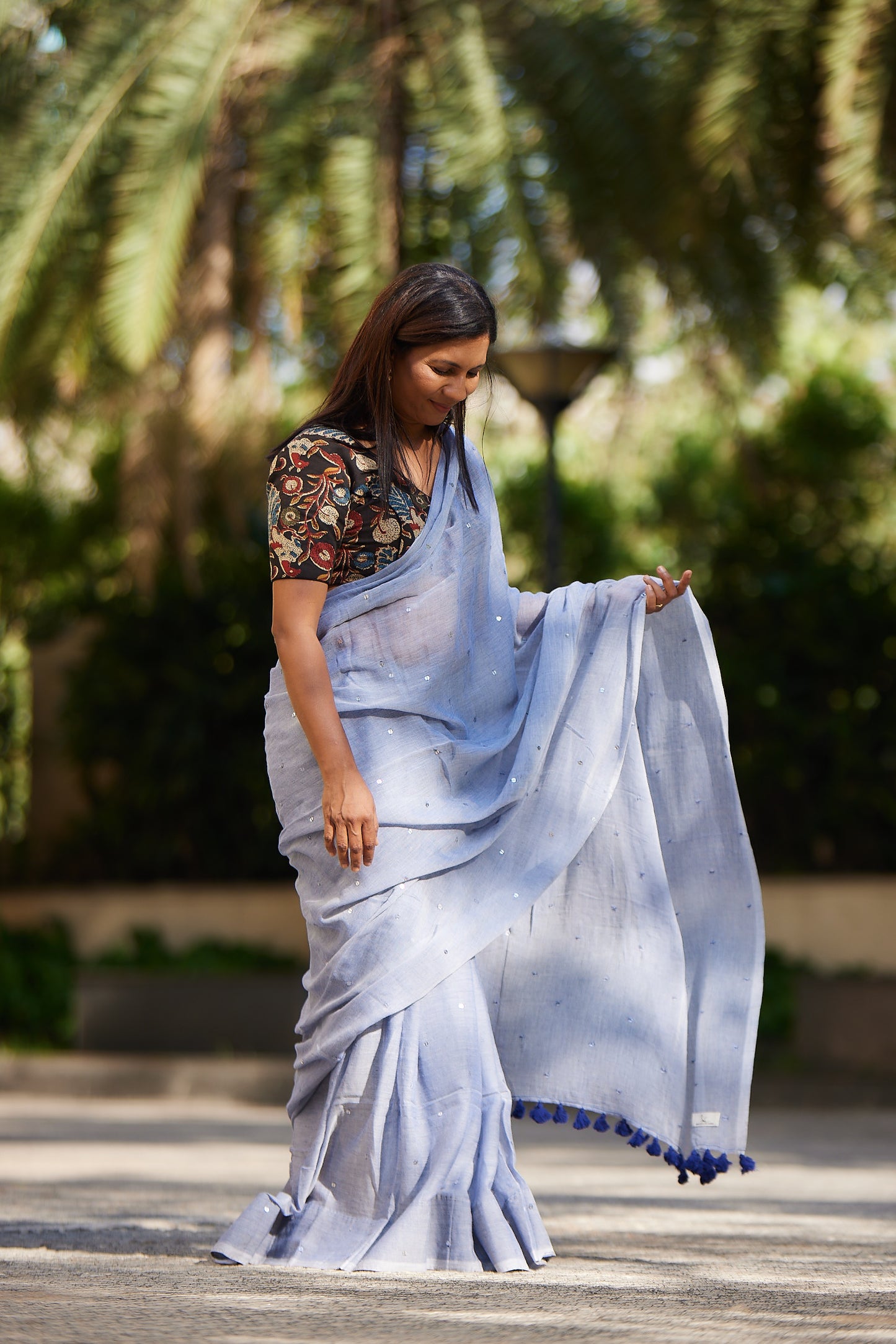 Deep Blue Mulmul cotton Sequin Saree with Tassels