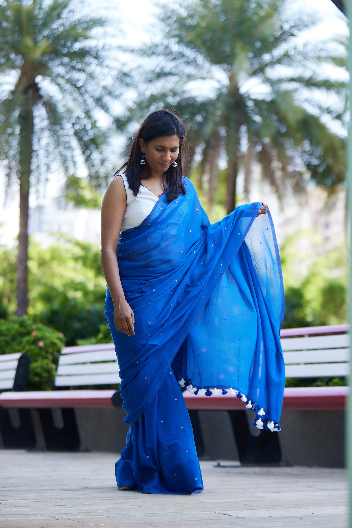 Midnight Blue Mulmul cotton Sequin Saree with Tassels