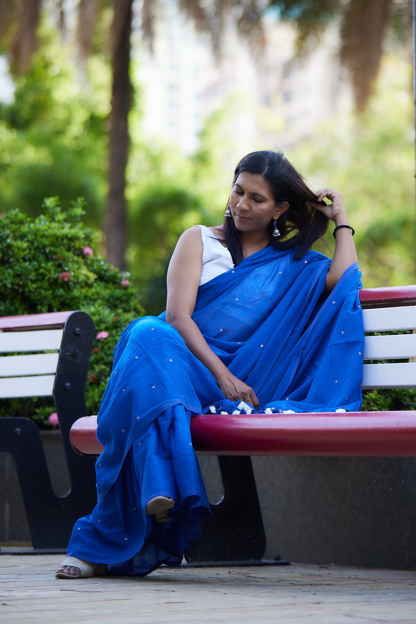 Midnight Blue Mulmul cotton Sequin Saree with Tassels
