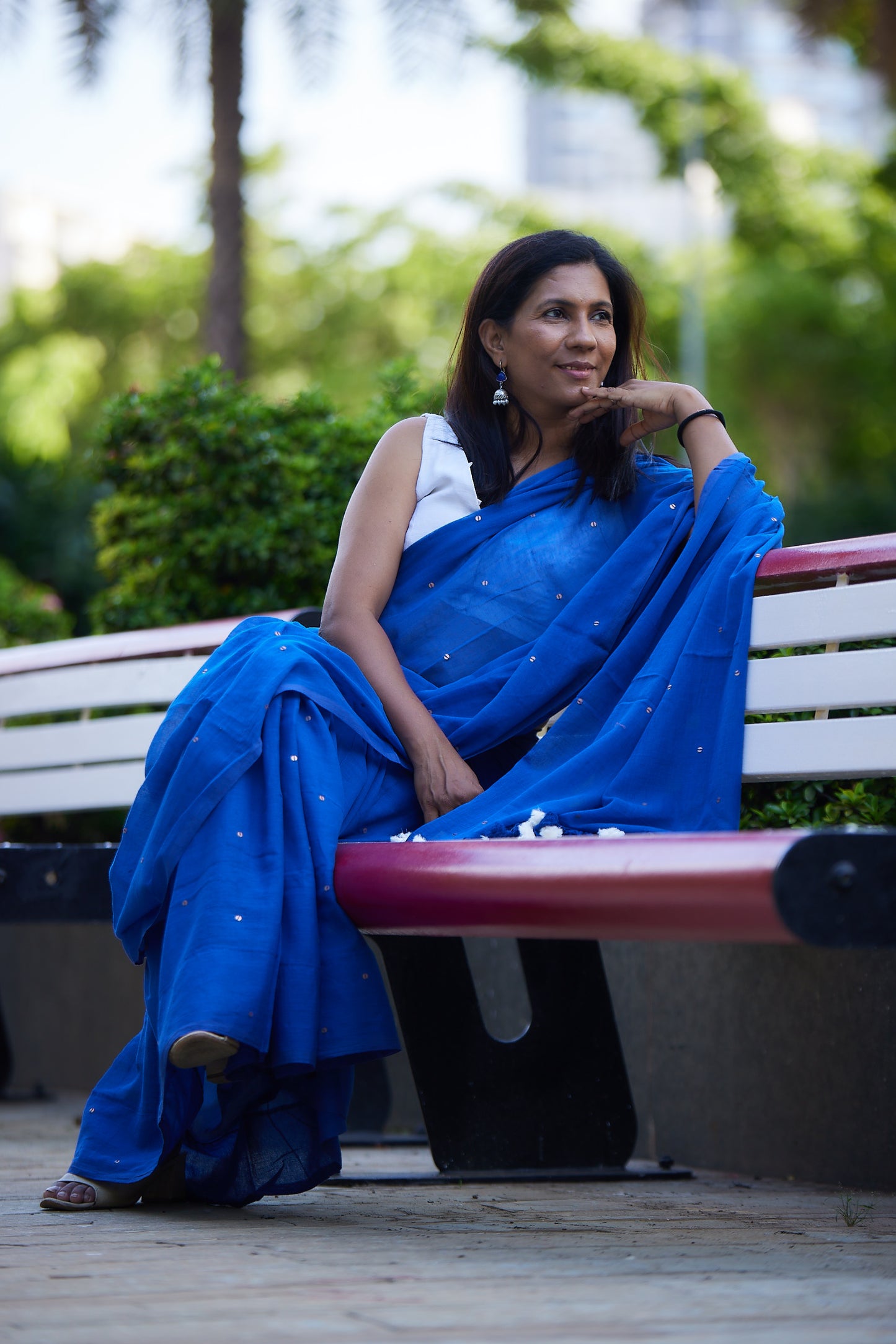 Midnight Blue Mulmul cotton Sequin Saree with Tassels